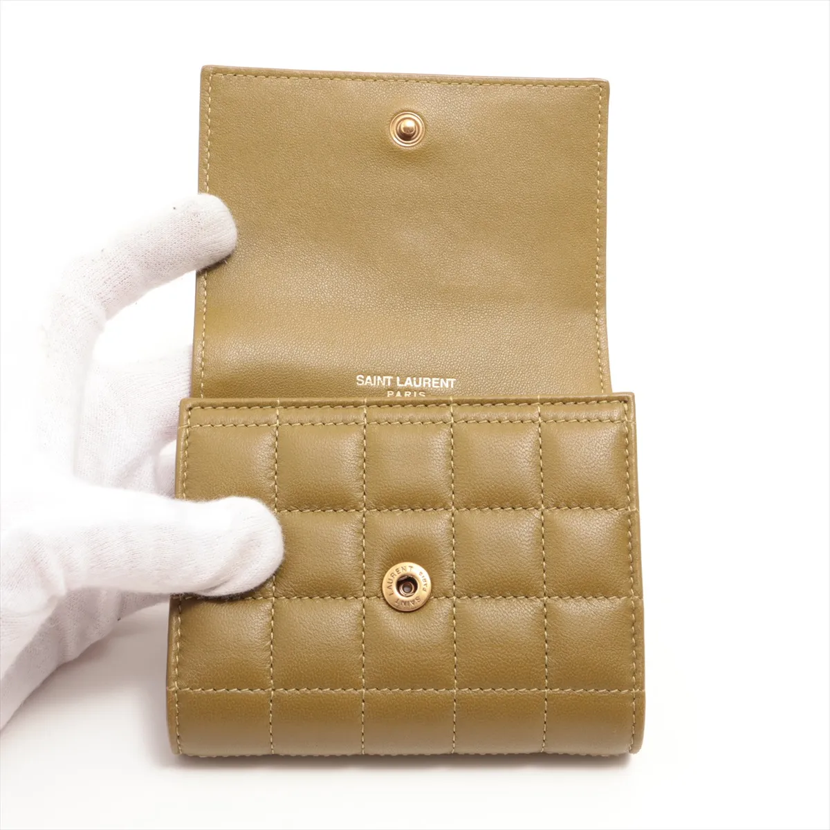 Cassandra La Trasse YSL Logo Leather Compact Wallet Khaki MRT759490 — view 3
