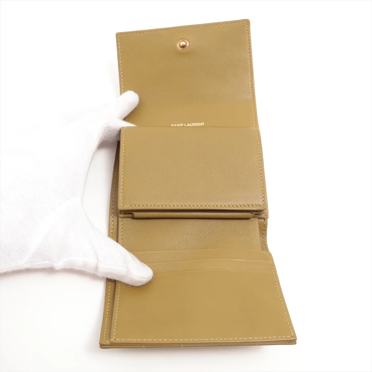 Cassandra La Trasse YSL Logo Leather Compact Wallet Khaki MRT759490 — view 4