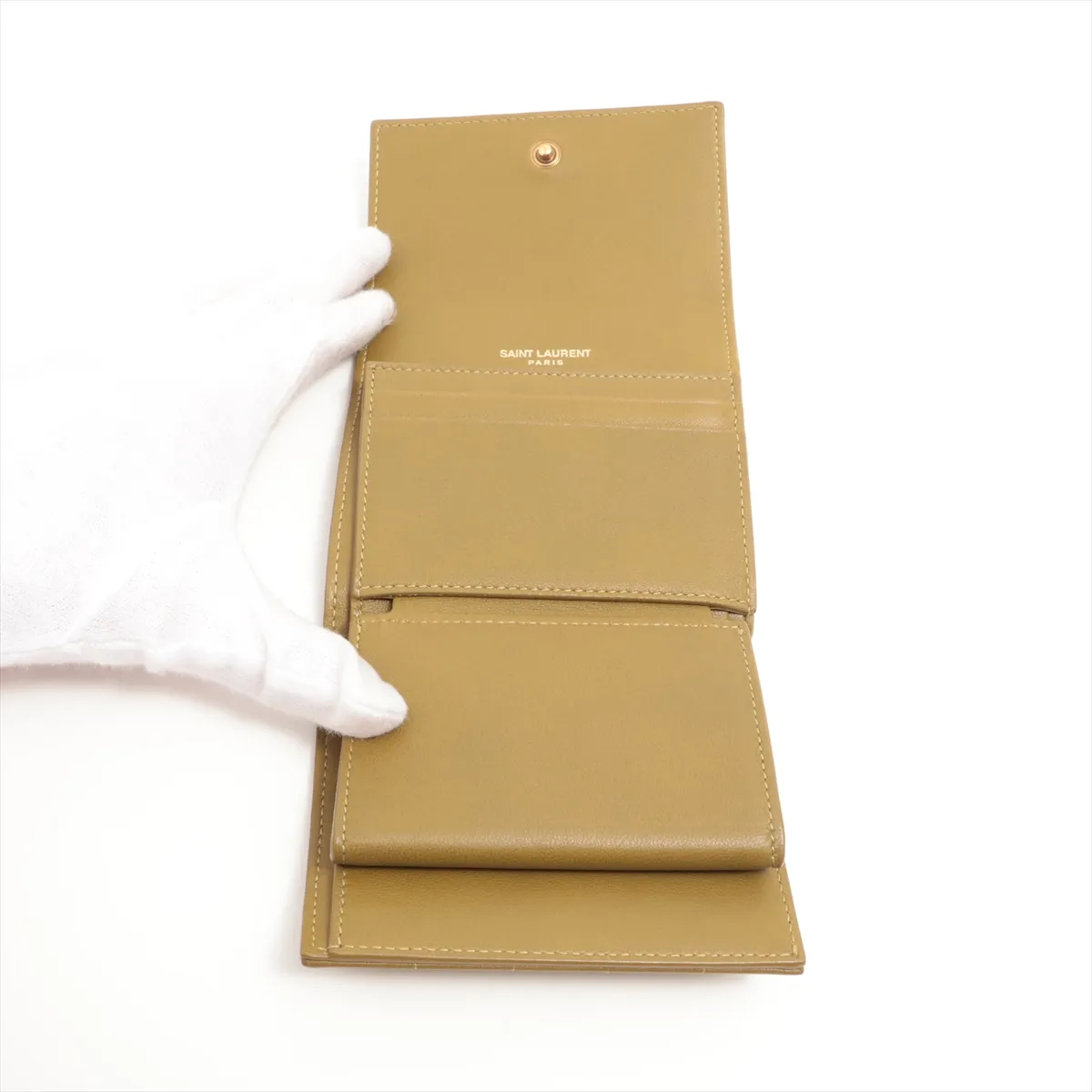 Cassandra La Trasse YSL Logo Leather Compact Wallet Khaki MRT759490 — view 5