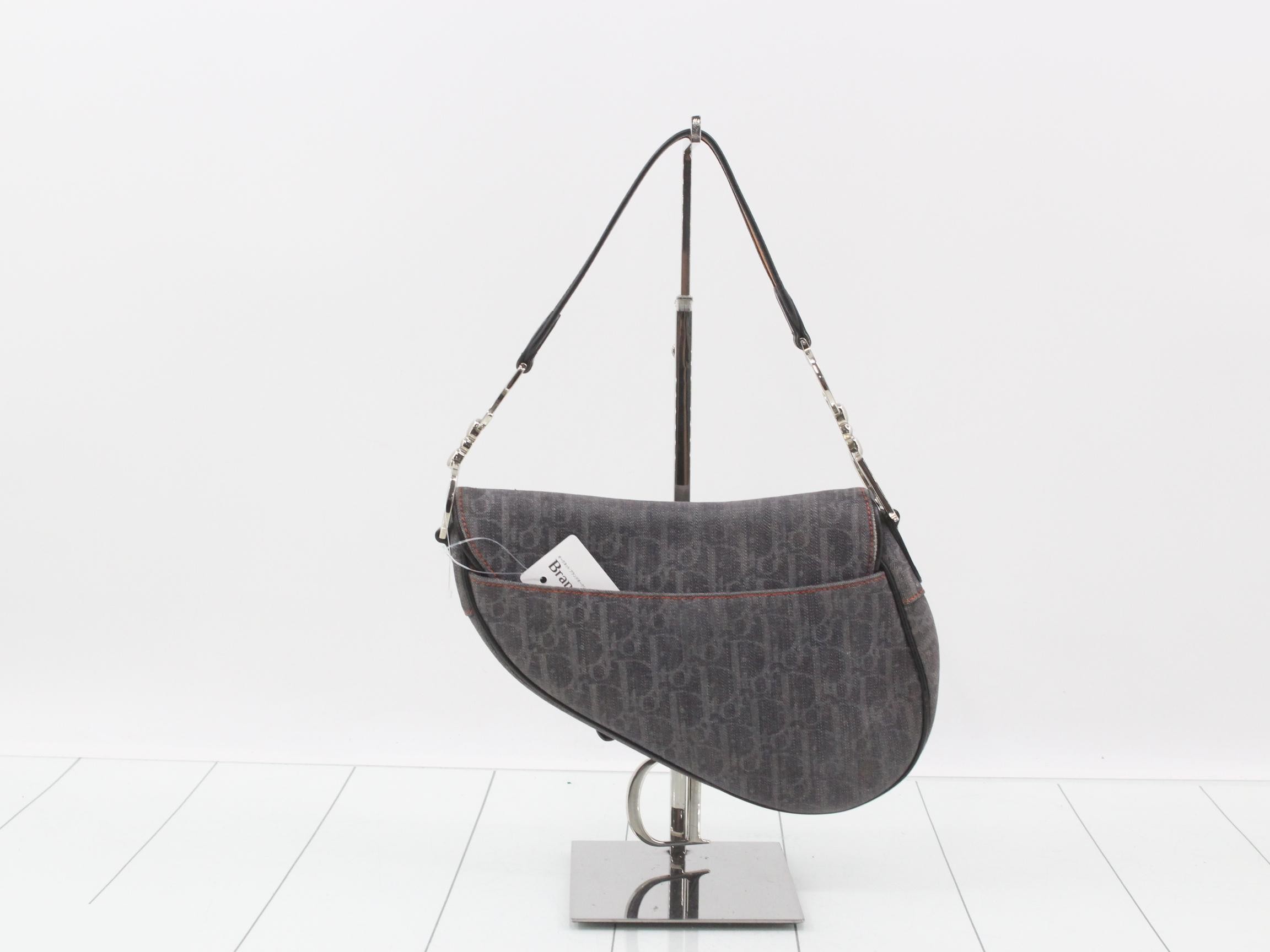 Saddle bag, shoulder bag, denim jacquard x leather, gray — view 2