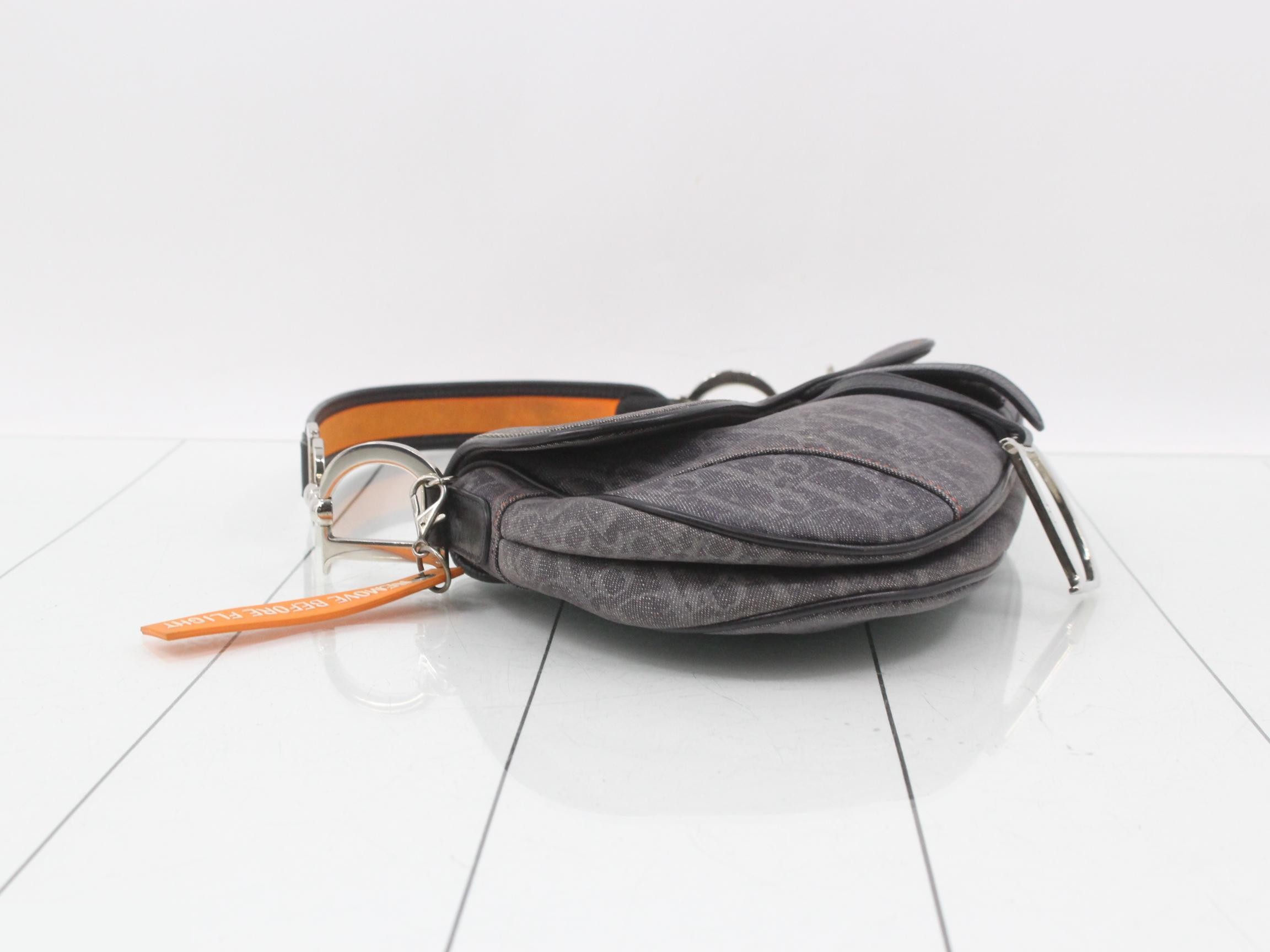 Saddle bag, shoulder bag, denim jacquard x leather, gray — view 5