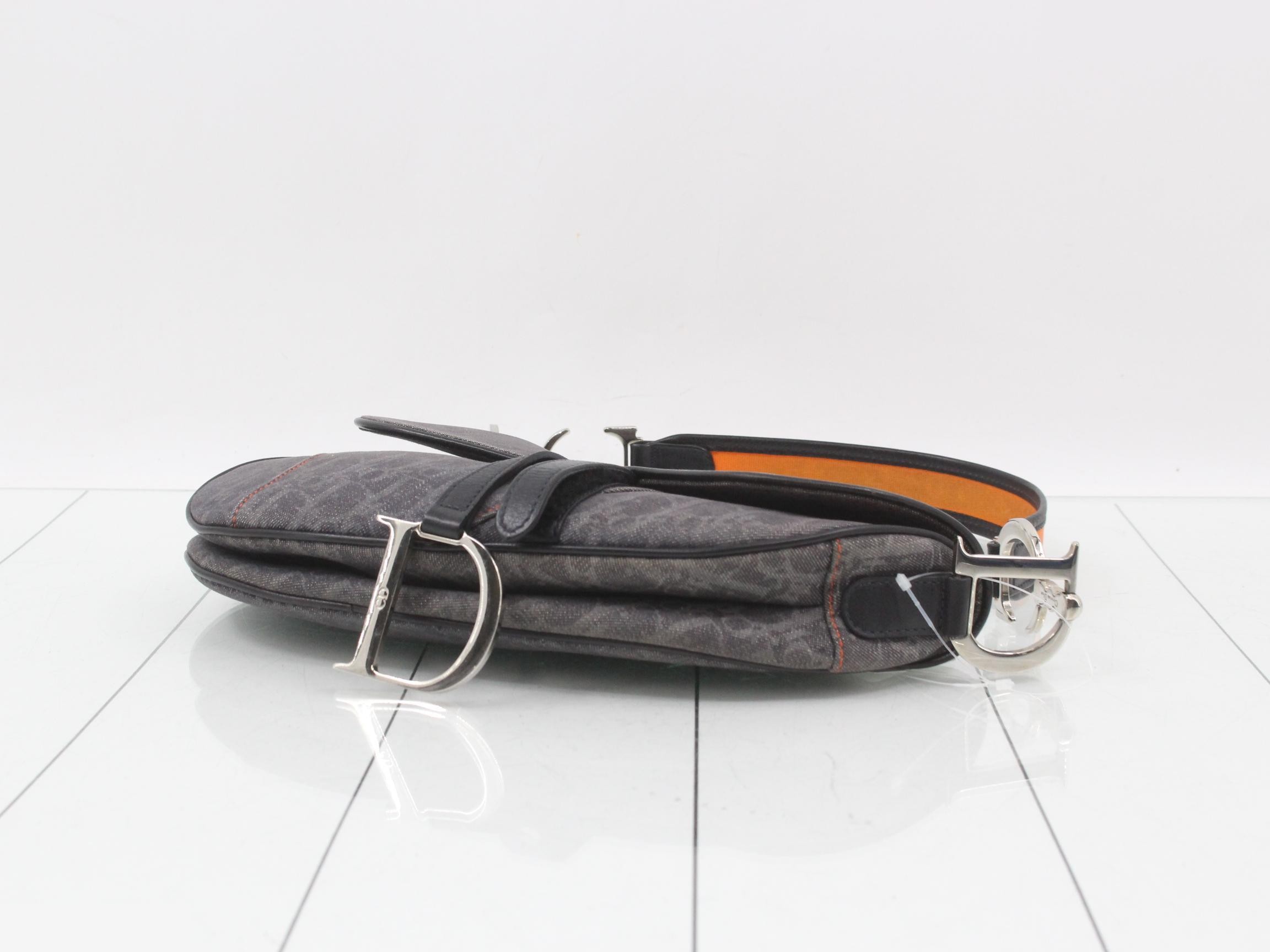 Saddle bag, shoulder bag, denim jacquard x leather, gray — view 6
