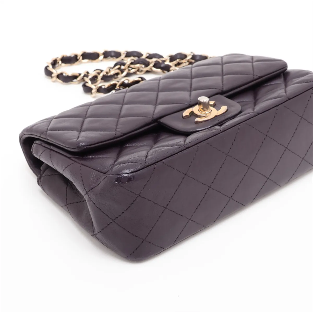 Mini Matelassé 20 Lambskin Single Flap Single Chain Bag, Purple, Gold Hardware, A69900 — view 4