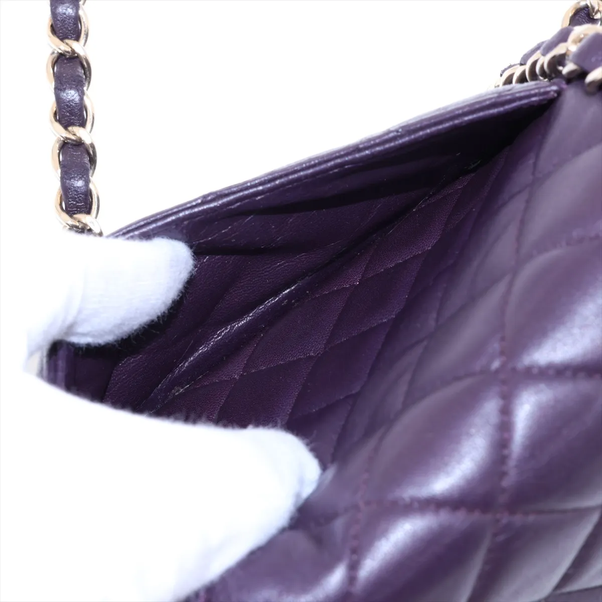 Mini Matelassé 20 Lambskin Single Flap Single Chain Bag, Purple, Gold Hardware, A69900 — view 9