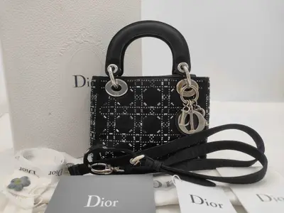 Satin x Rhinestone Cannage Lady Dior Small 2-Way Black Handbag