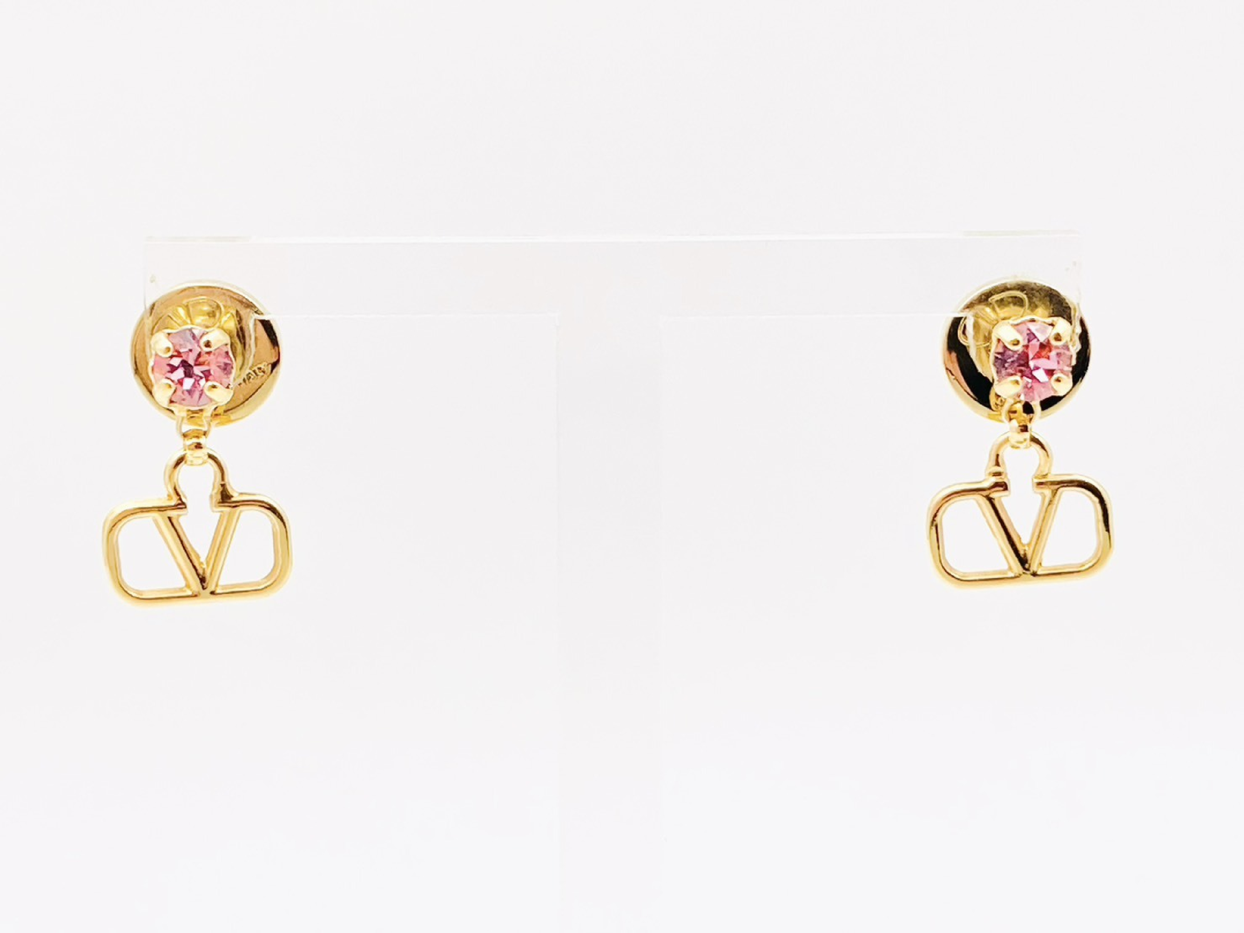 V Logo Signature Rhinestone Crystal Earrings Gold x Pink Earrings