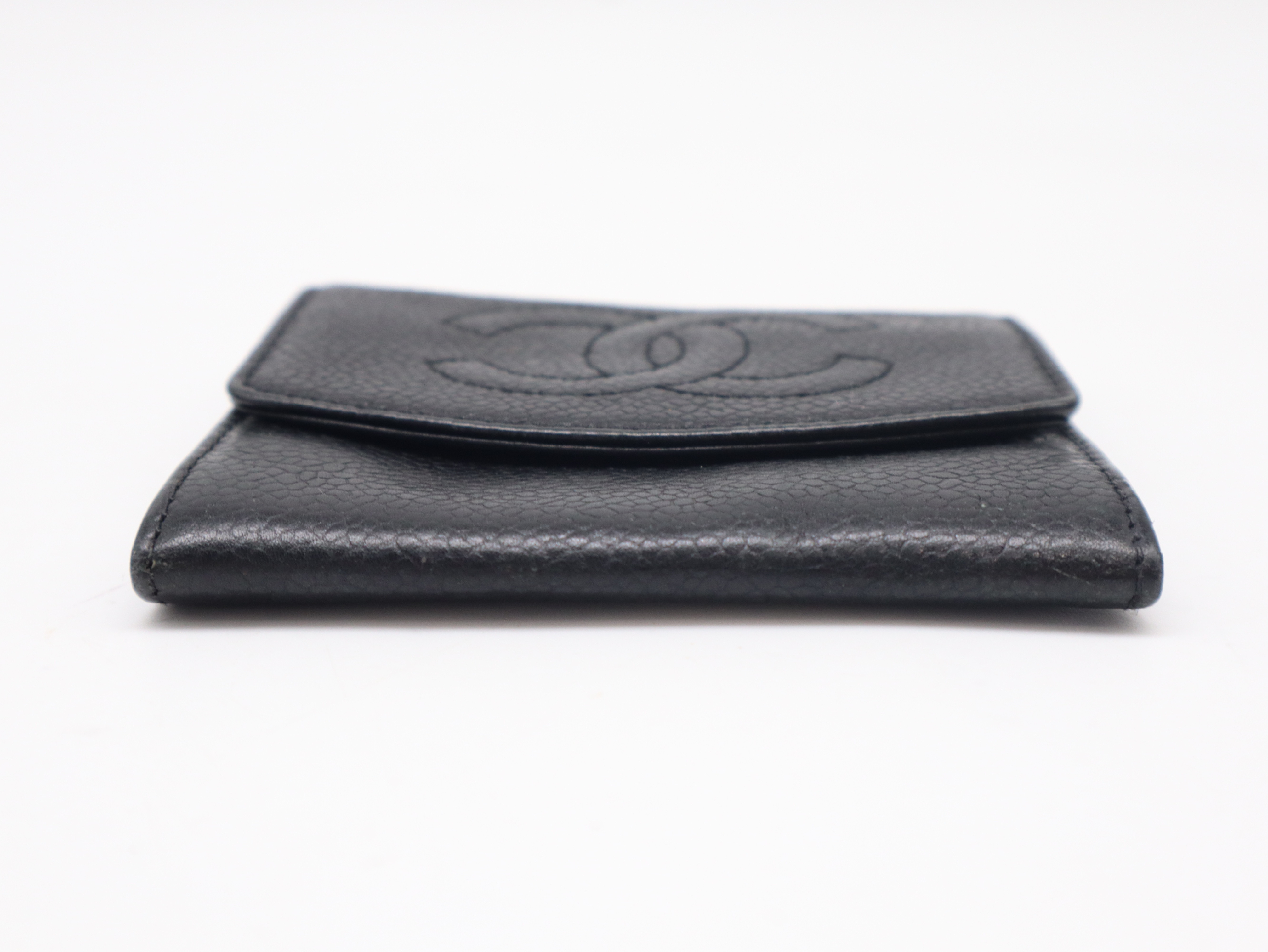 Caviar Skin Coco Mark Tri-fold Wallet with Double Snap Closure, Black, Seal, 3126202, Coin Case — view 3