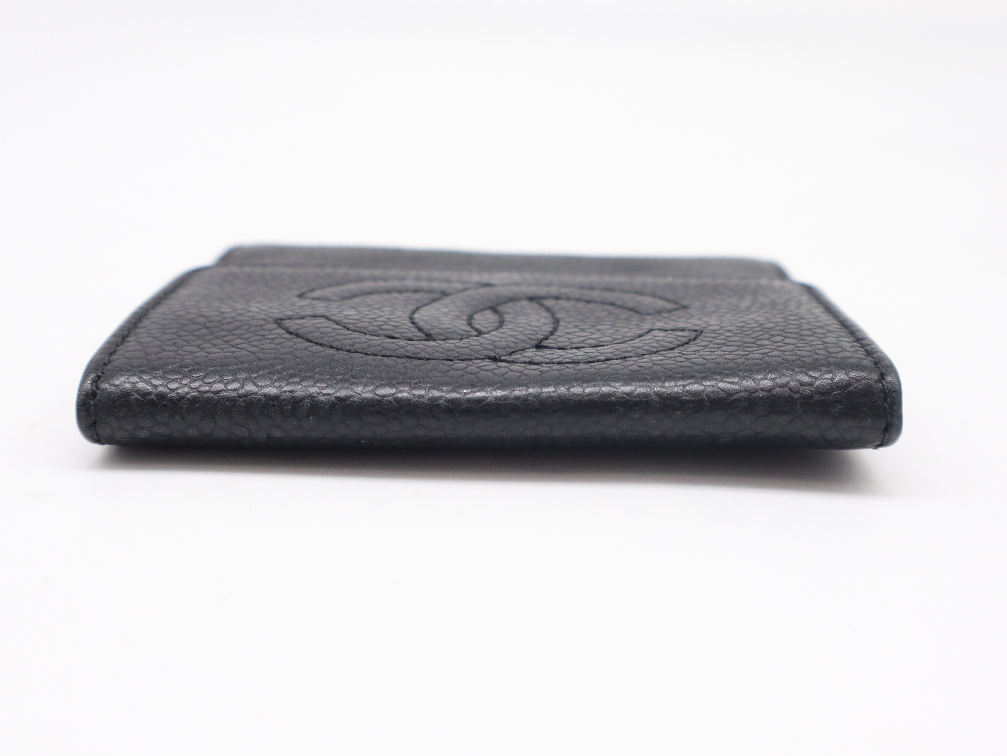 Caviar Skin Coco Mark Tri-fold Wallet with Double Snap Closure, Black, Seal, 3126202, Coin Case — view 4