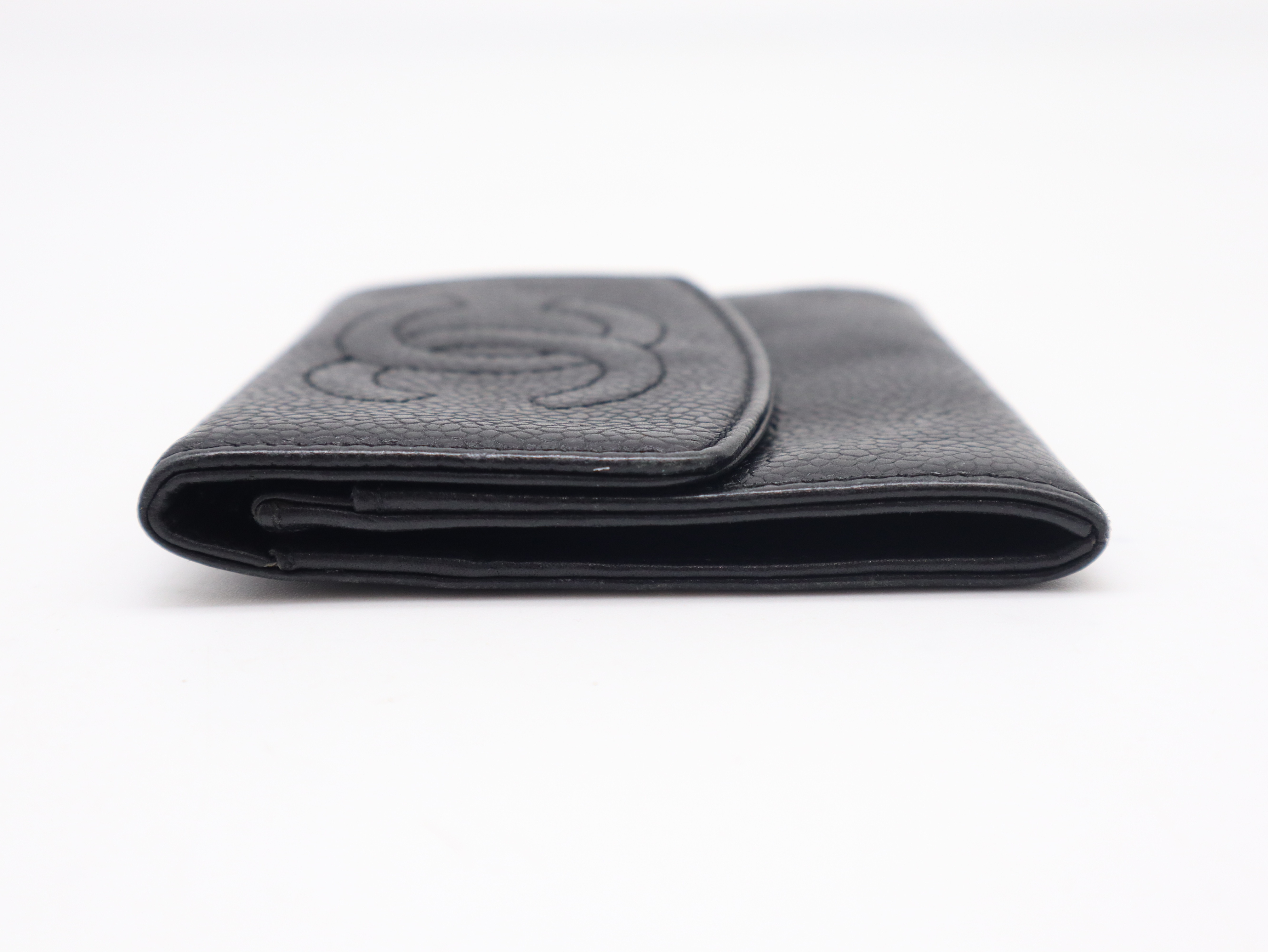 Caviar Skin Coco Mark Tri-fold Wallet with Double Snap Closure, Black, Seal, 3126202, Coin Case — view 5