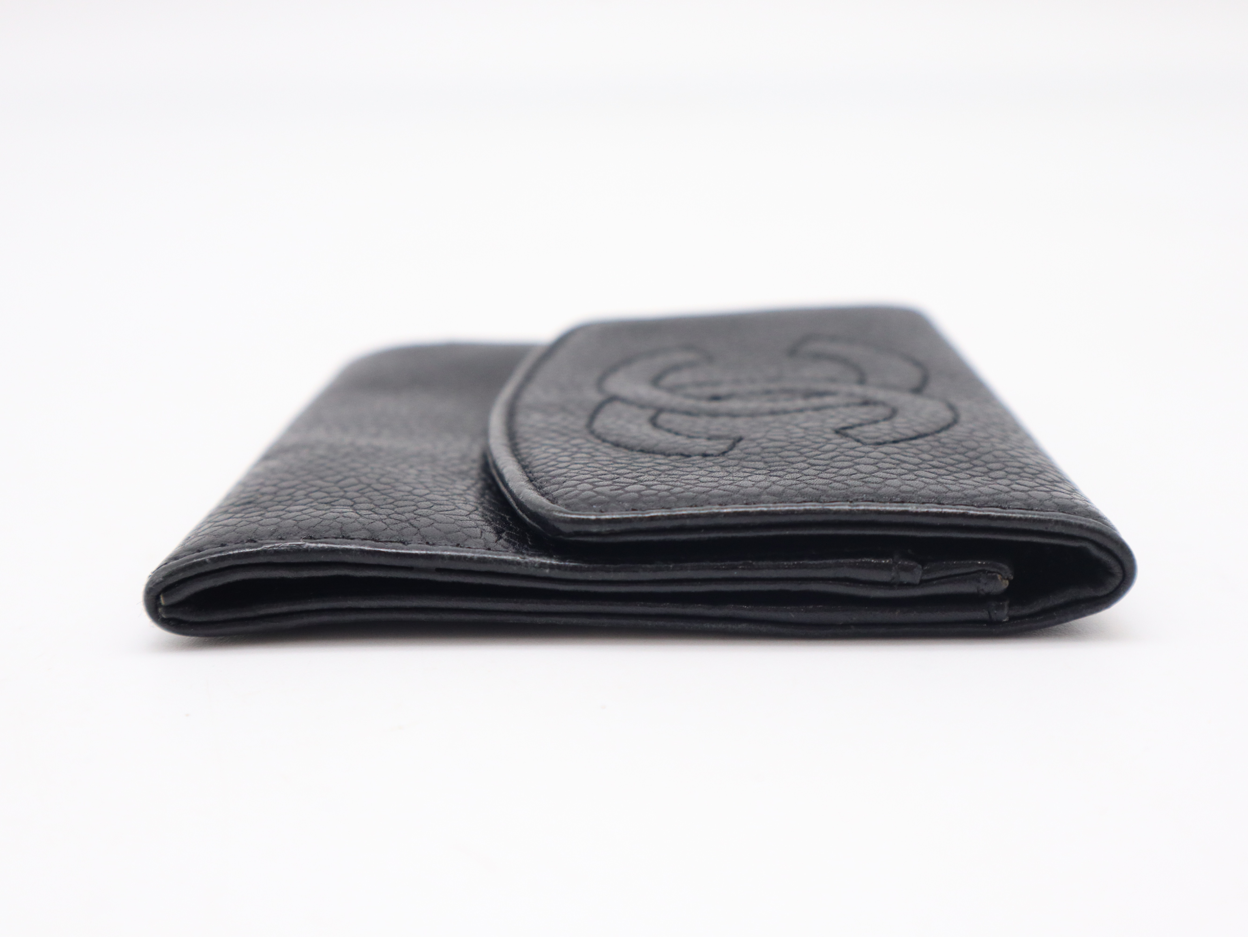 Caviar Skin Coco Mark Tri-fold Wallet with Double Snap Closure, Black, Seal, 3126202, Coin Case — view 6