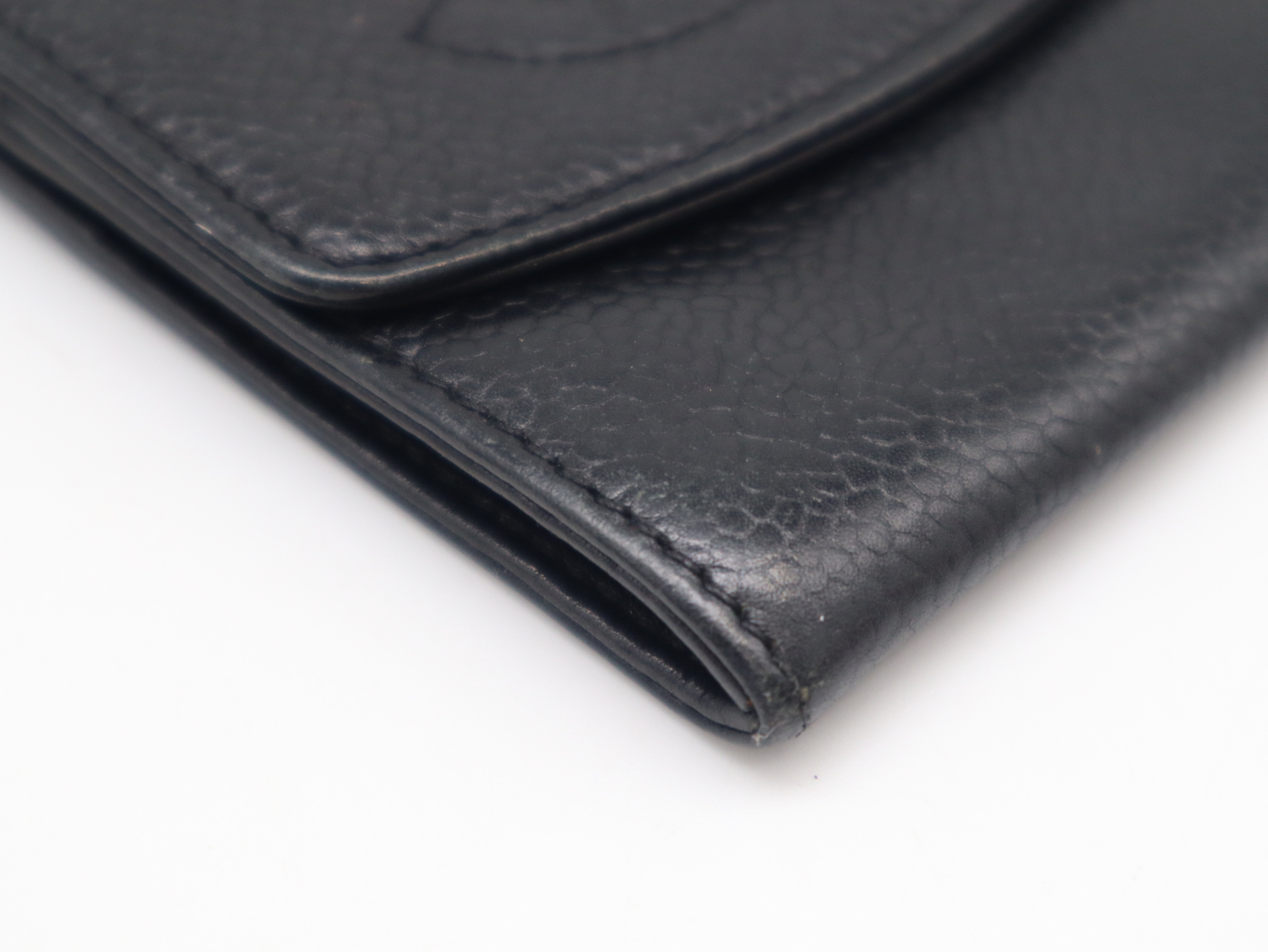 Caviar Skin Coco Mark Tri-fold Wallet with Double Snap Closure, Black, Seal, 3126202, Coin Case — view 7