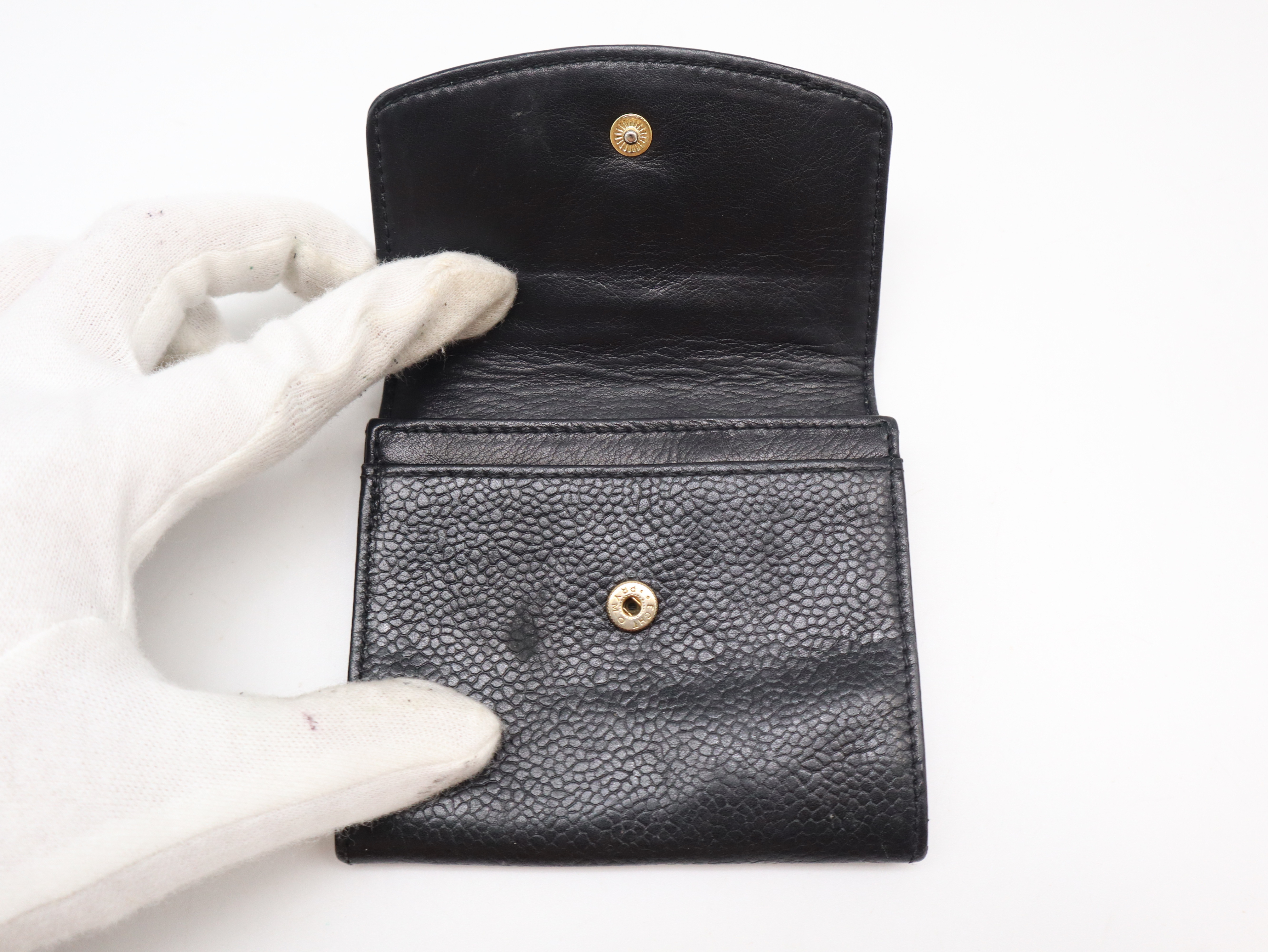 Caviar Skin Coco Mark Tri-fold Wallet with Double Snap Closure, Black, Seal, 3126202, Coin Case — view 8