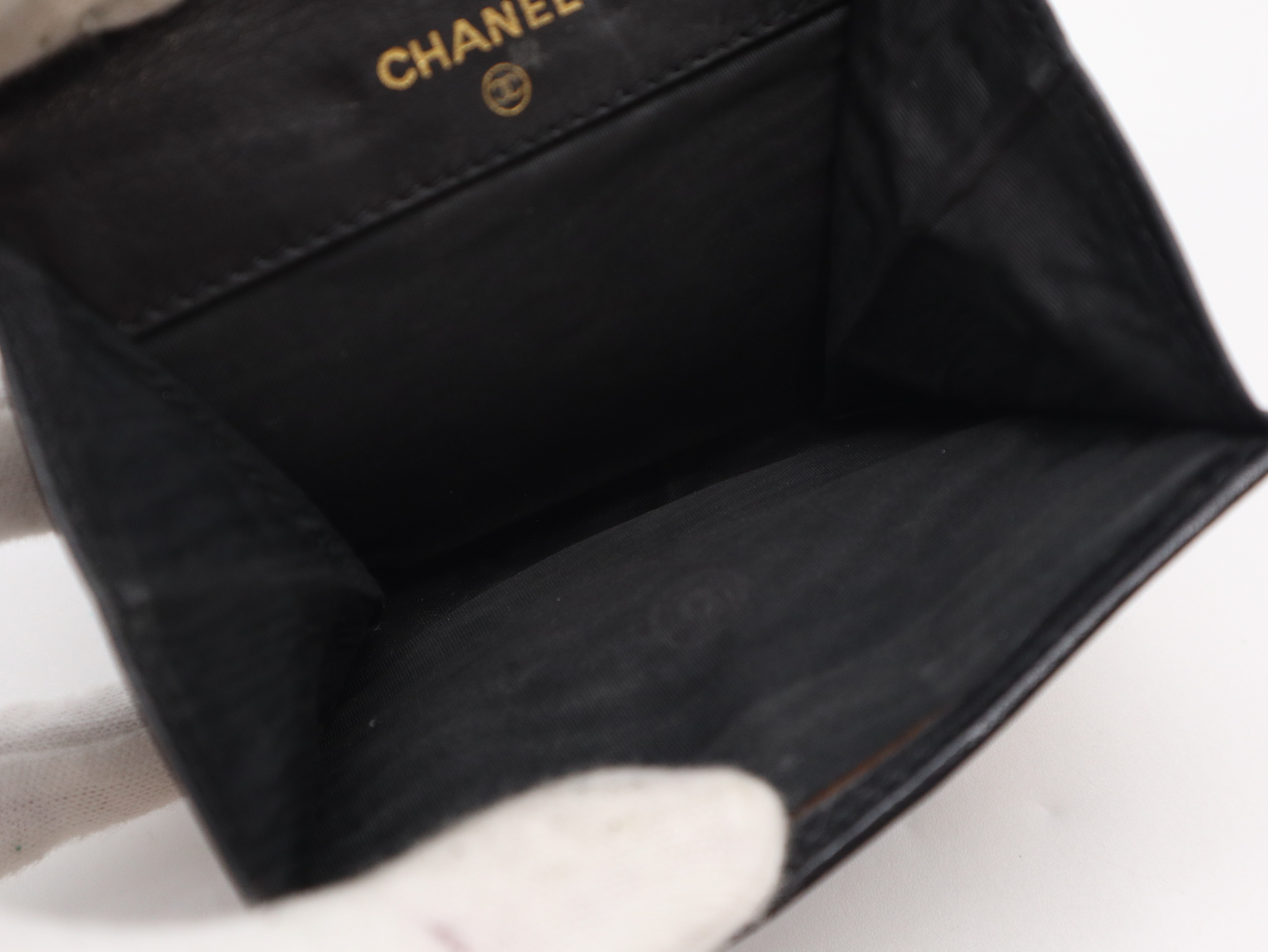 Caviar Skin Coco Mark Tri-fold Wallet with Double Snap Closure, Black, Seal, 3126202, Coin Case — view 9