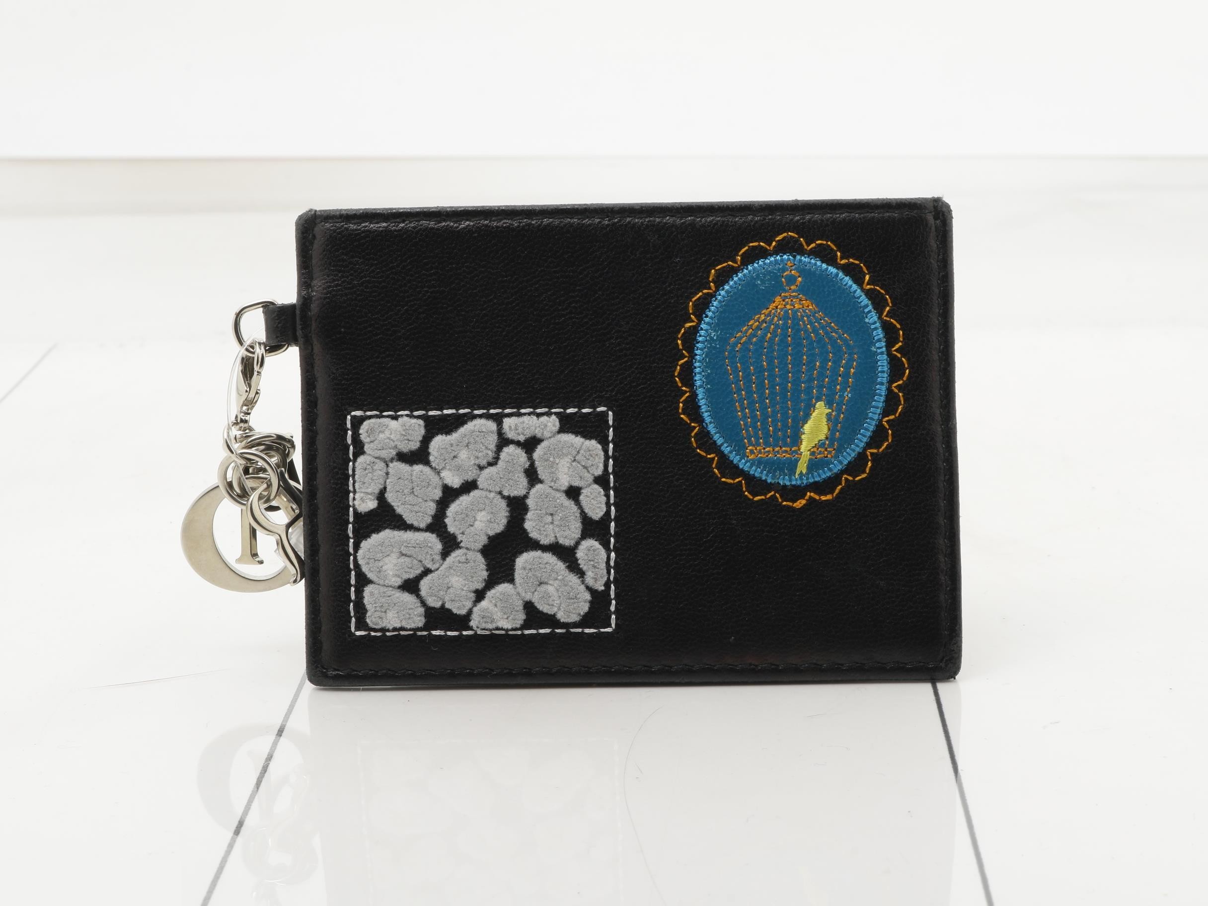 Card case, leather, black, leather patch, embroidery.