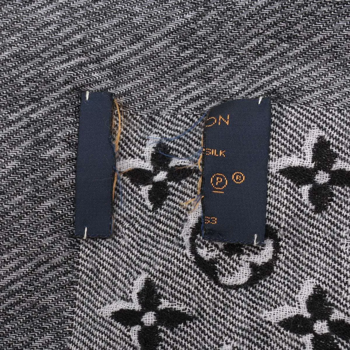 Monogram Shawl, Tea Shirting Stole, Fabric, White x Black. Shows wear, — view 3