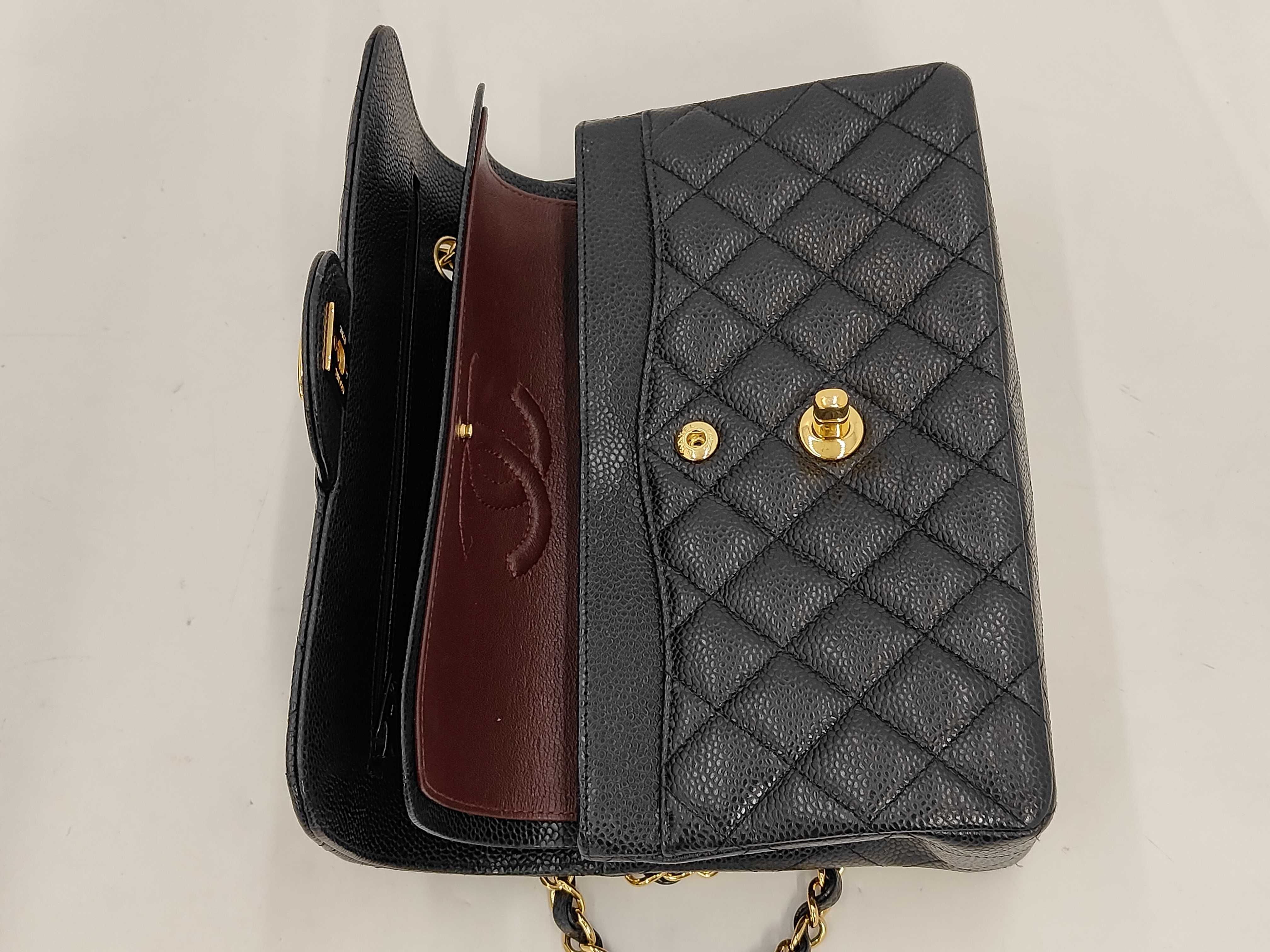 Matelassé Double Flap Chain Shoulder Bag, Black Caviar Leather, Gold Hardware. — view 11