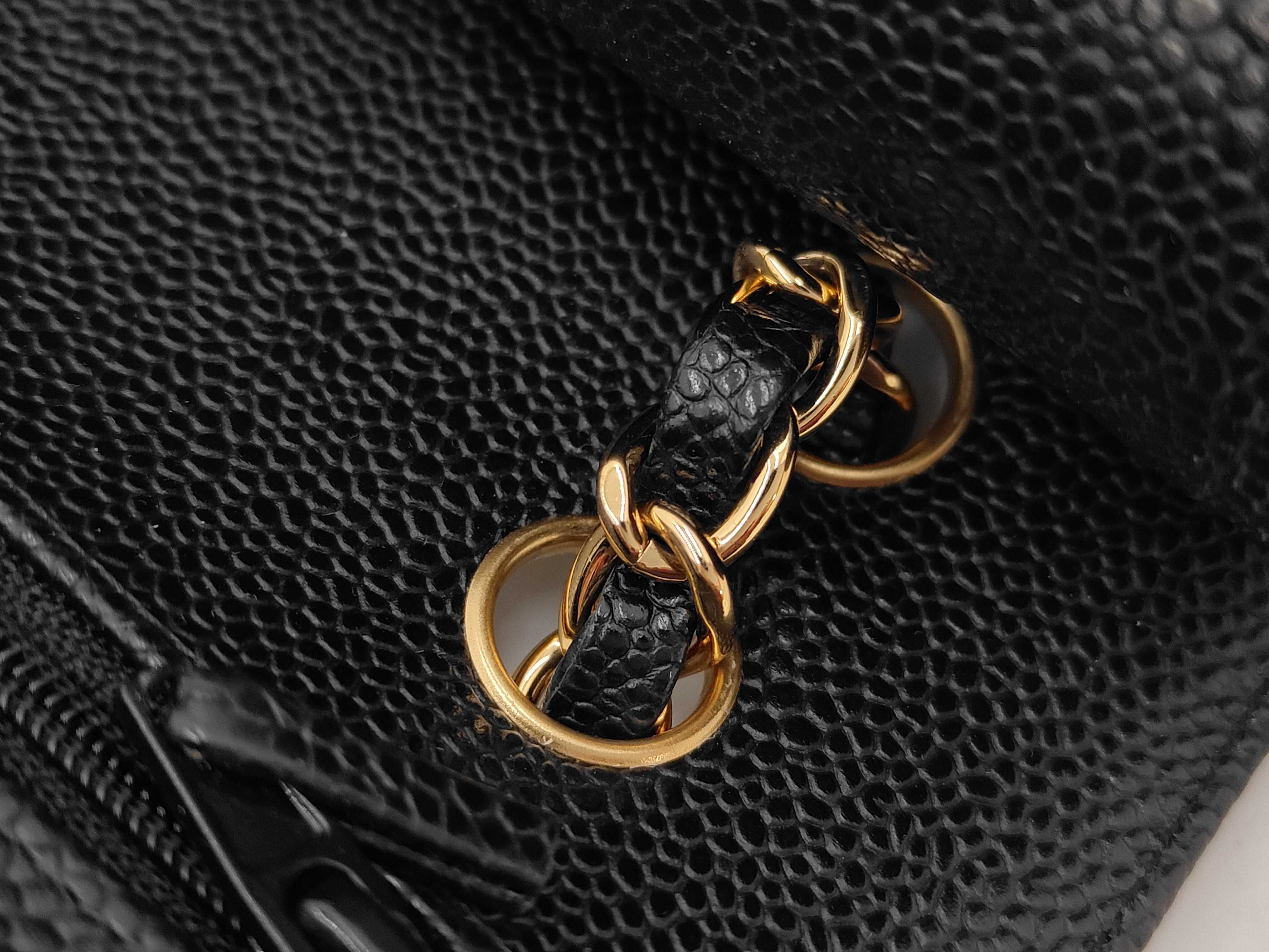 Matelassé Double Flap Chain Shoulder Bag, Black Caviar Leather, Gold Hardware. — view 7
