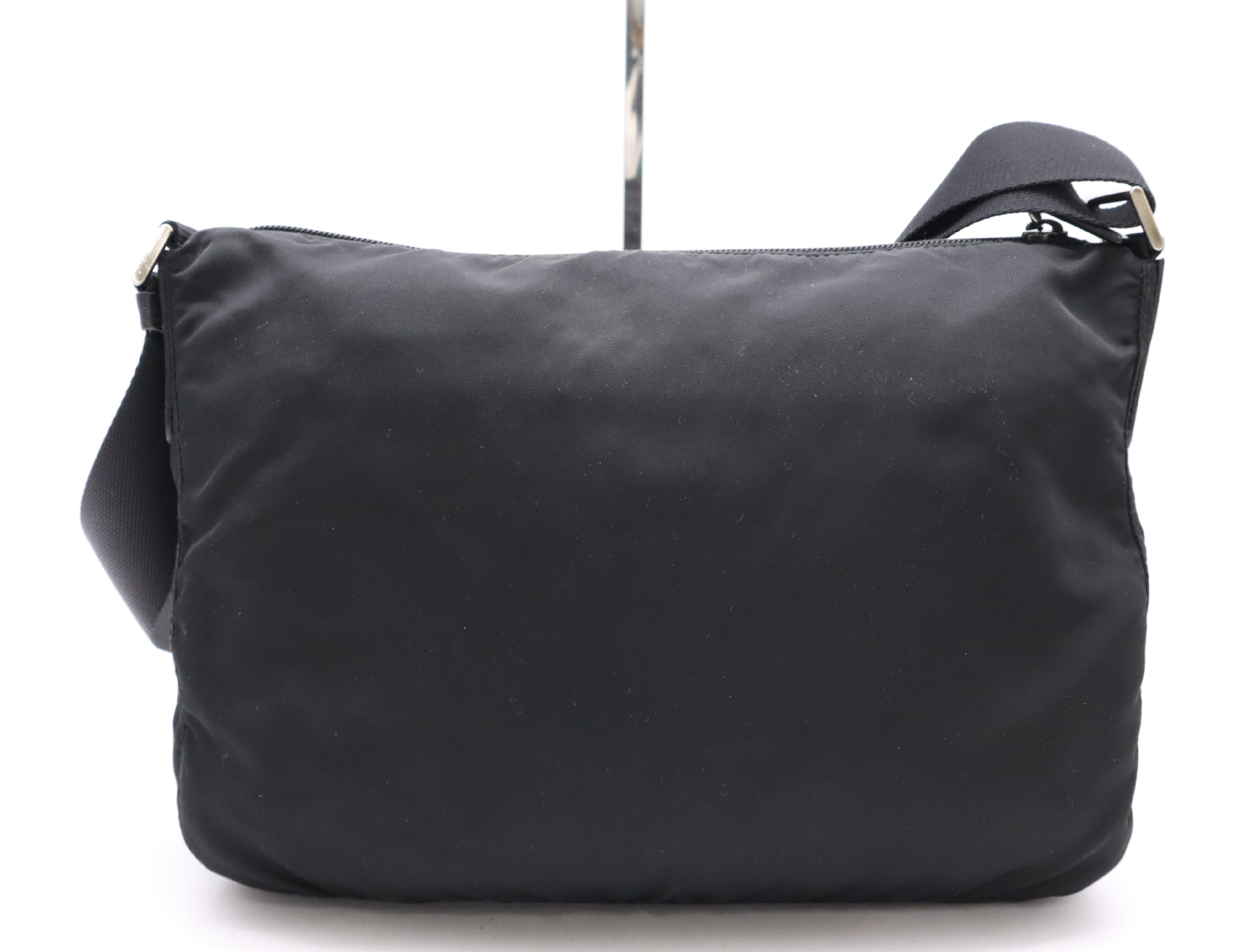 Nylon Triangle Logo Shoulder Bag, Black with Silver Hardware, Card Included — view 2