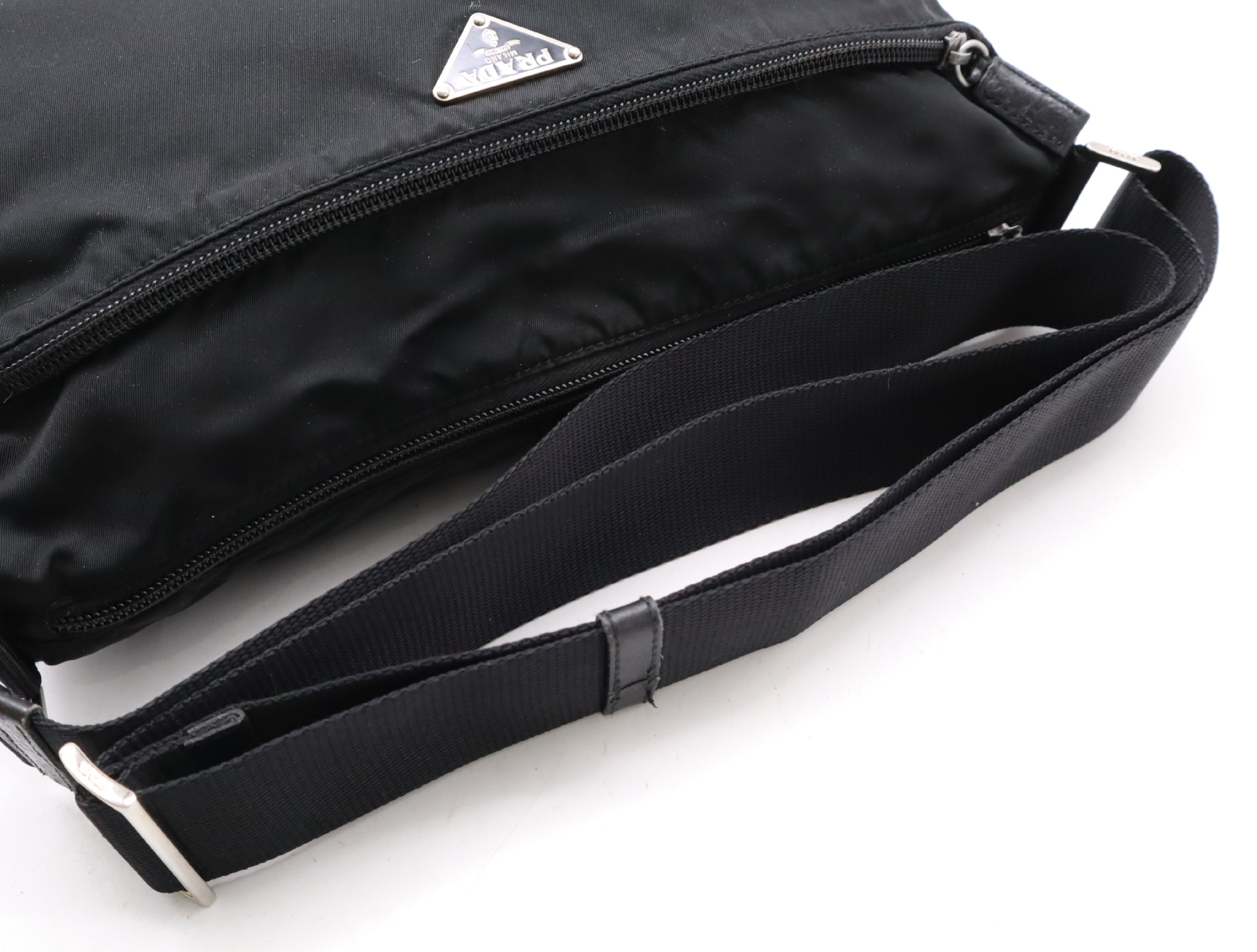 Nylon Triangle Logo Shoulder Bag, Black with Silver Hardware, Card Included — view 10