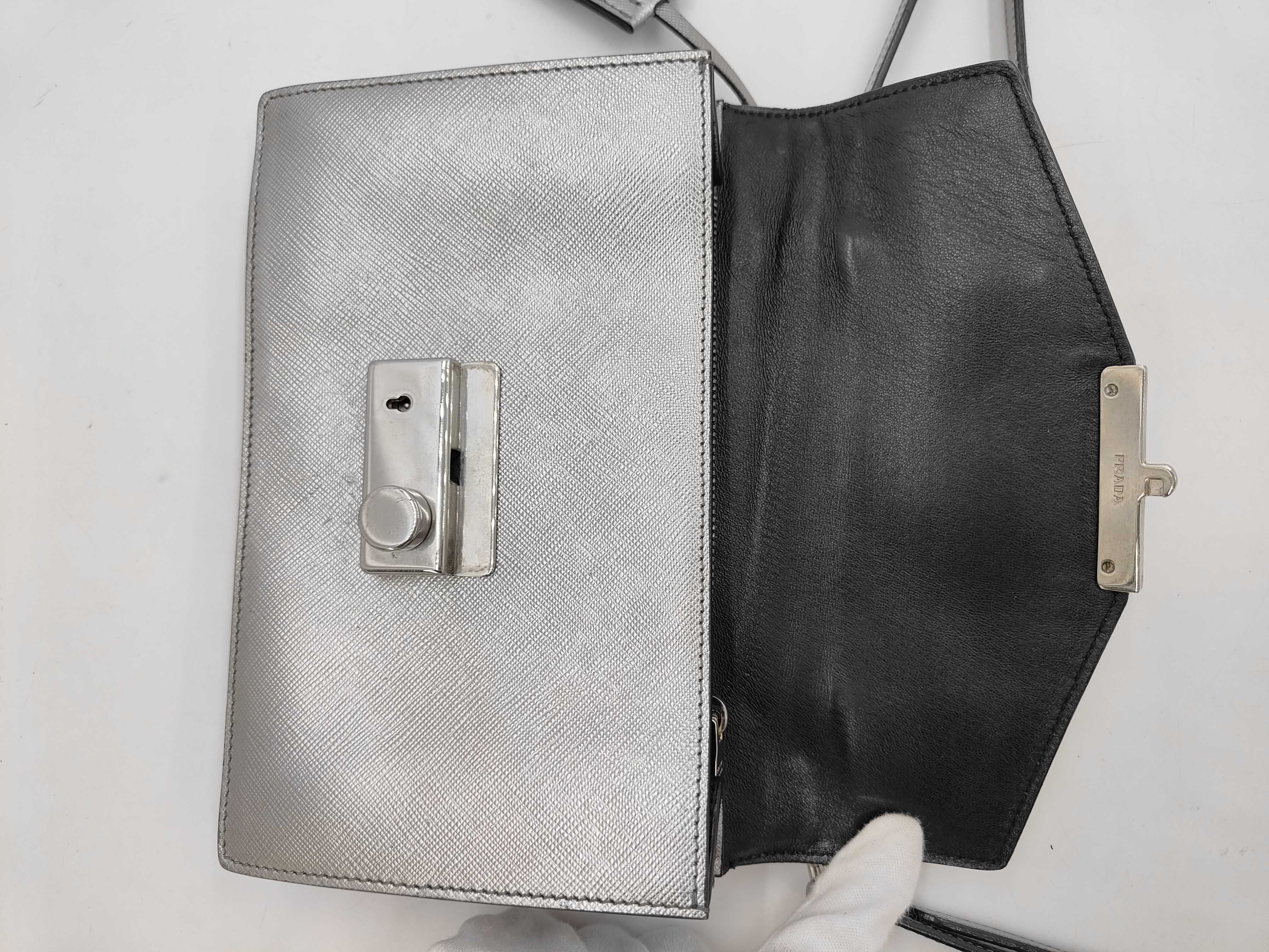 Locking Flap Shoulder Bag, Saffiano Leather, Silver — view 8