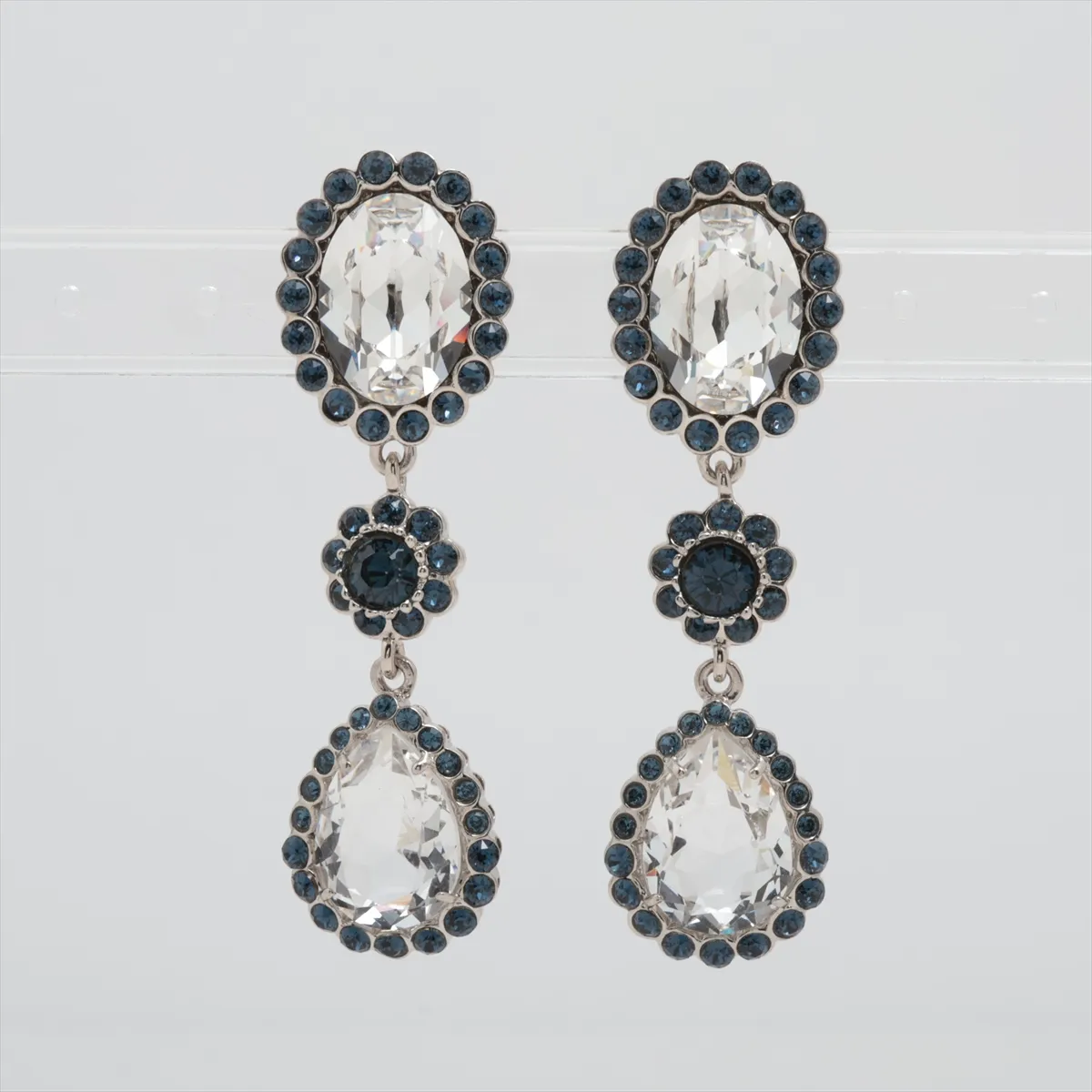 earrings (for both ears), metal and rhinestone, silver. Shows wear, tarnishing,