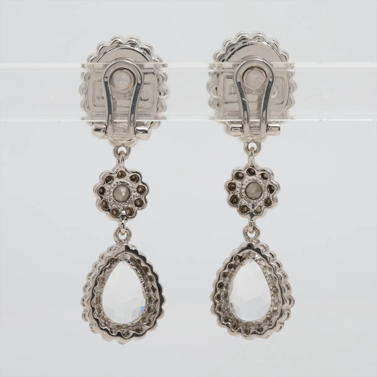 earrings (for both ears), metal and rhinestone, silver. Shows wear, tarnishing, — view 2