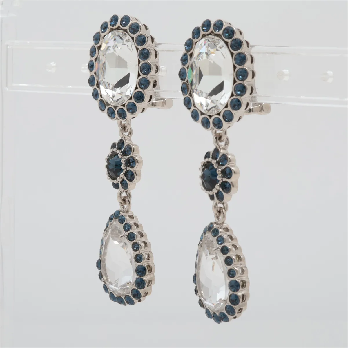 earrings (for both ears), metal and rhinestone, silver. Shows wear, tarnishing, — view 3