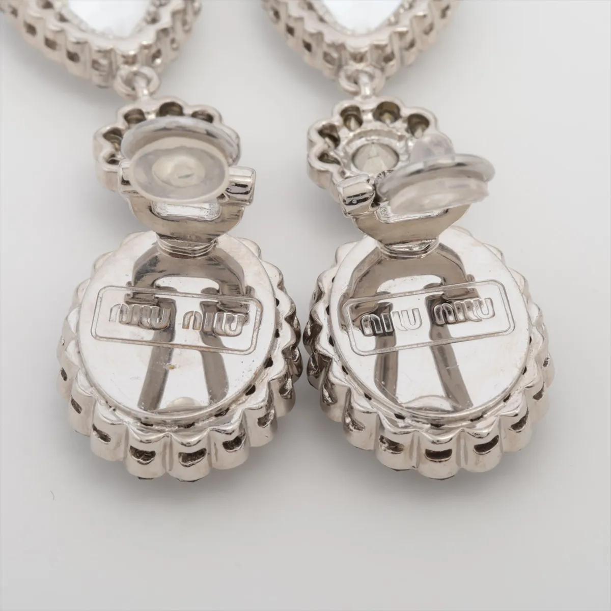 earrings (for both ears), metal and rhinestone, silver. Shows wear, tarnishing, — view 4