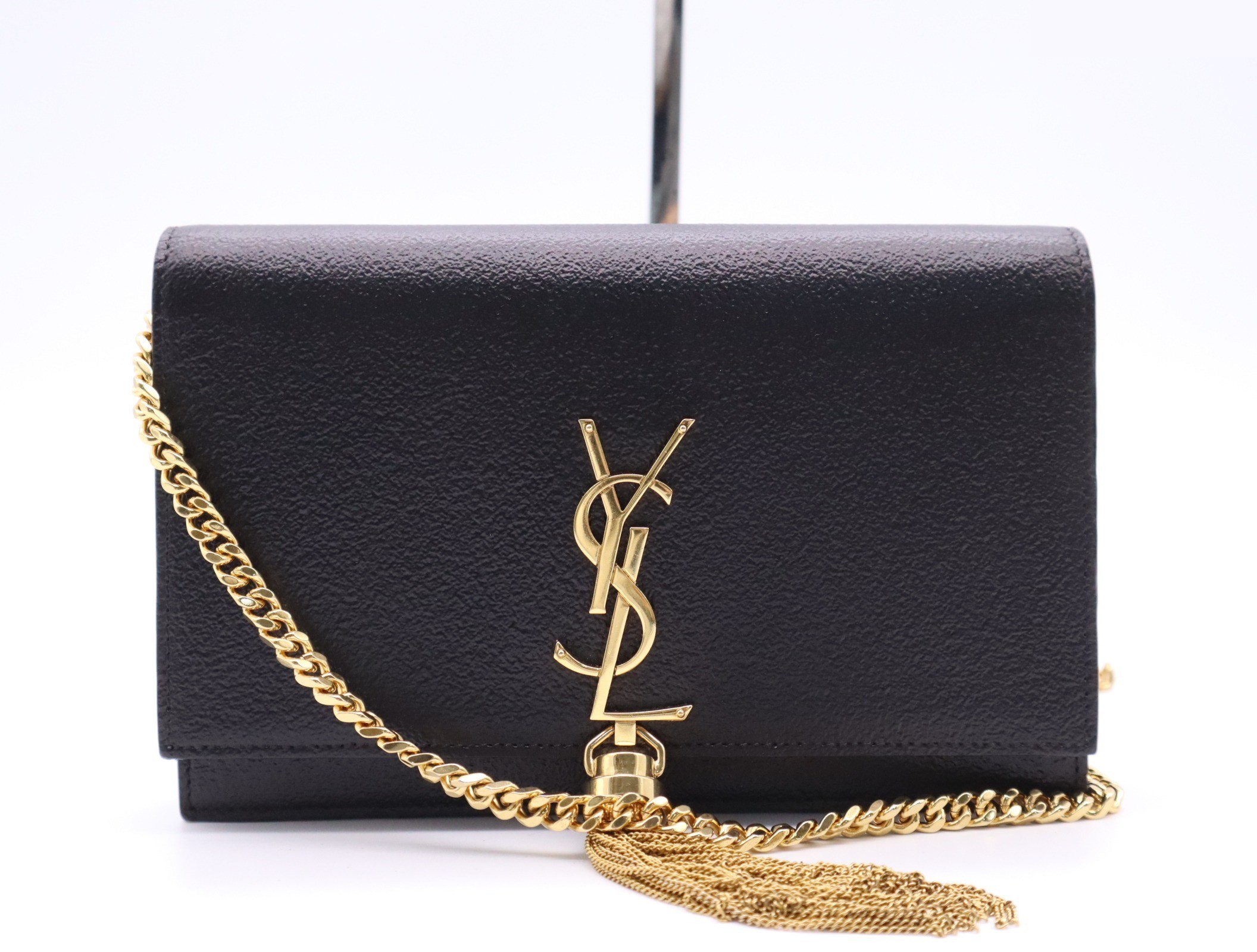 Leather Cassandra Tassel Chain Wallet, Black