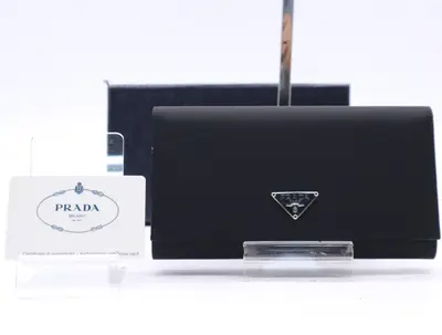 Tessuto Triangle Logo Bi-fold Long Wallet, Black, with Card and Box