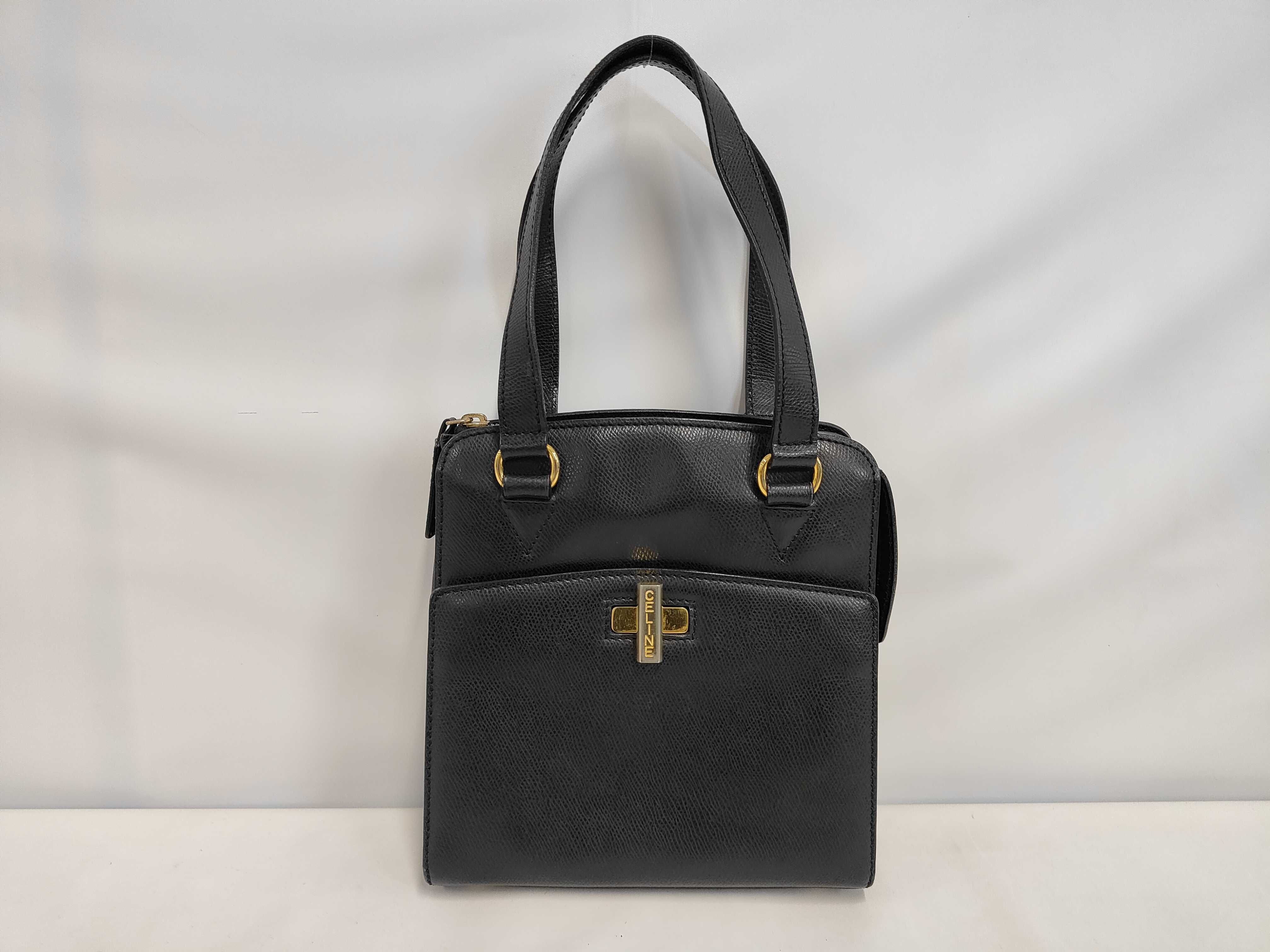 Leather Turnlock Handbag, Black Handbag