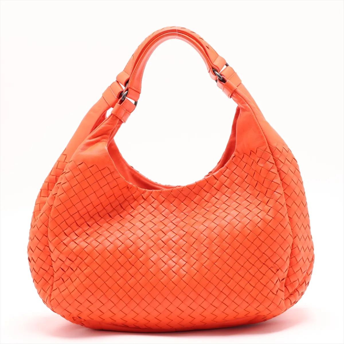 Intrecciato Leather Tote Bag, Orange, with Mirror — view 2