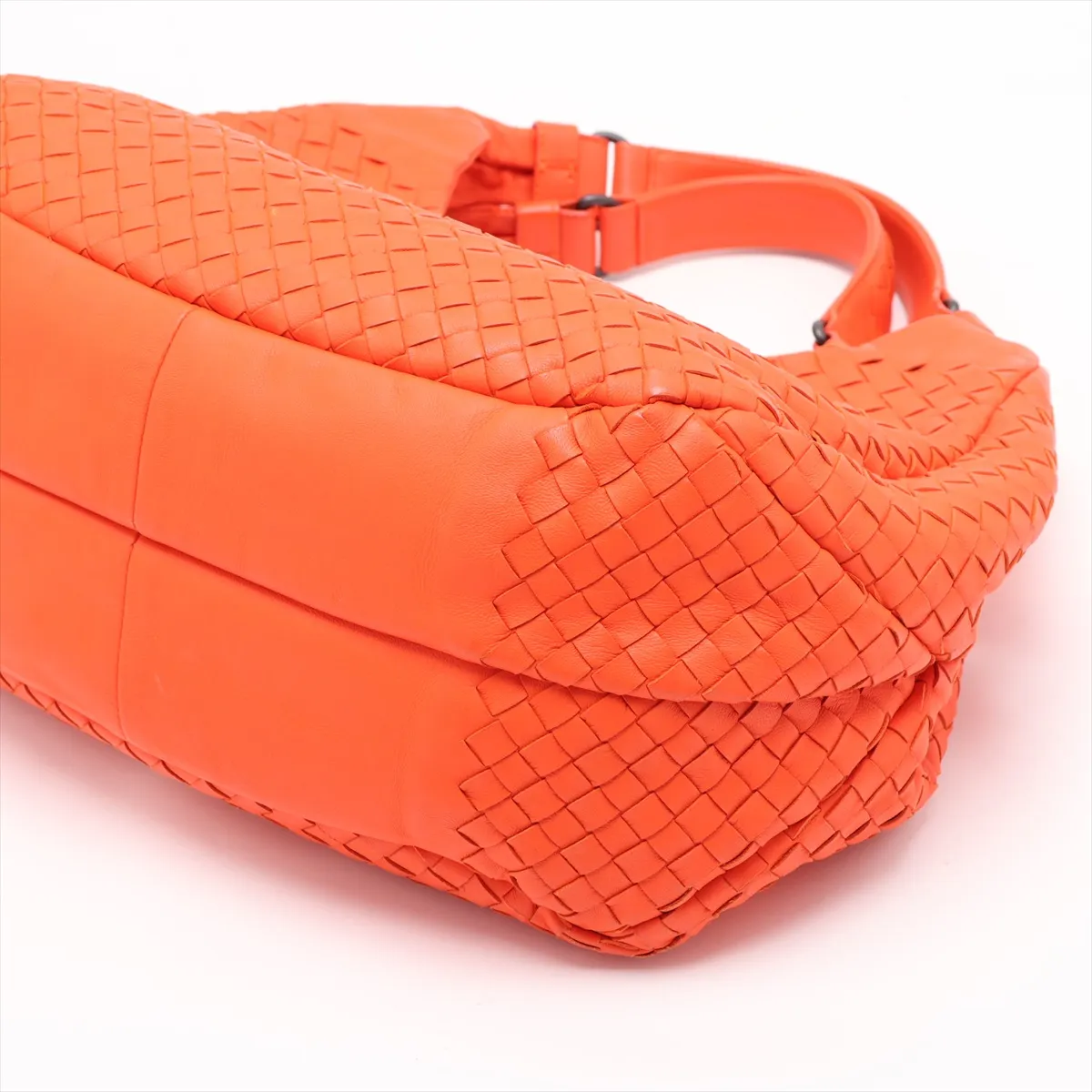 Intrecciato Leather Tote Bag, Orange, with Mirror — view 3
