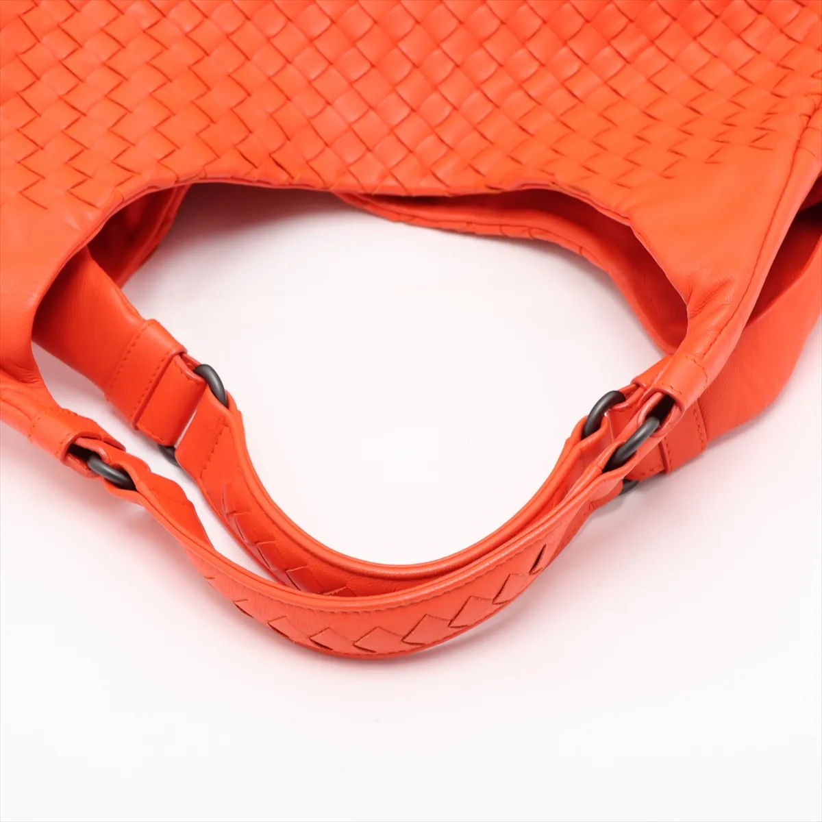 Intrecciato Leather Tote Bag, Orange, with Mirror — view 5