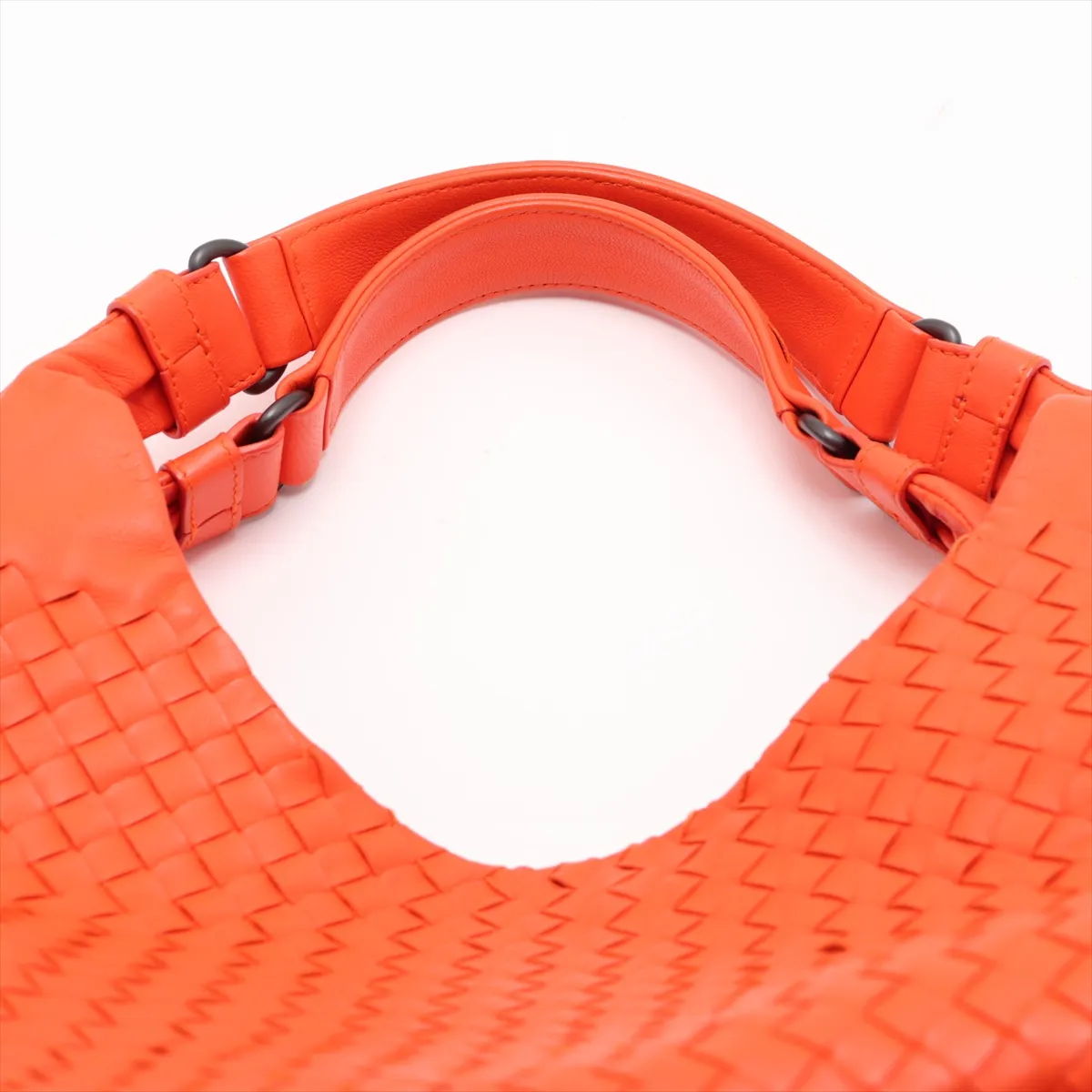 Intrecciato Leather Tote Bag, Orange, with Mirror — view 6