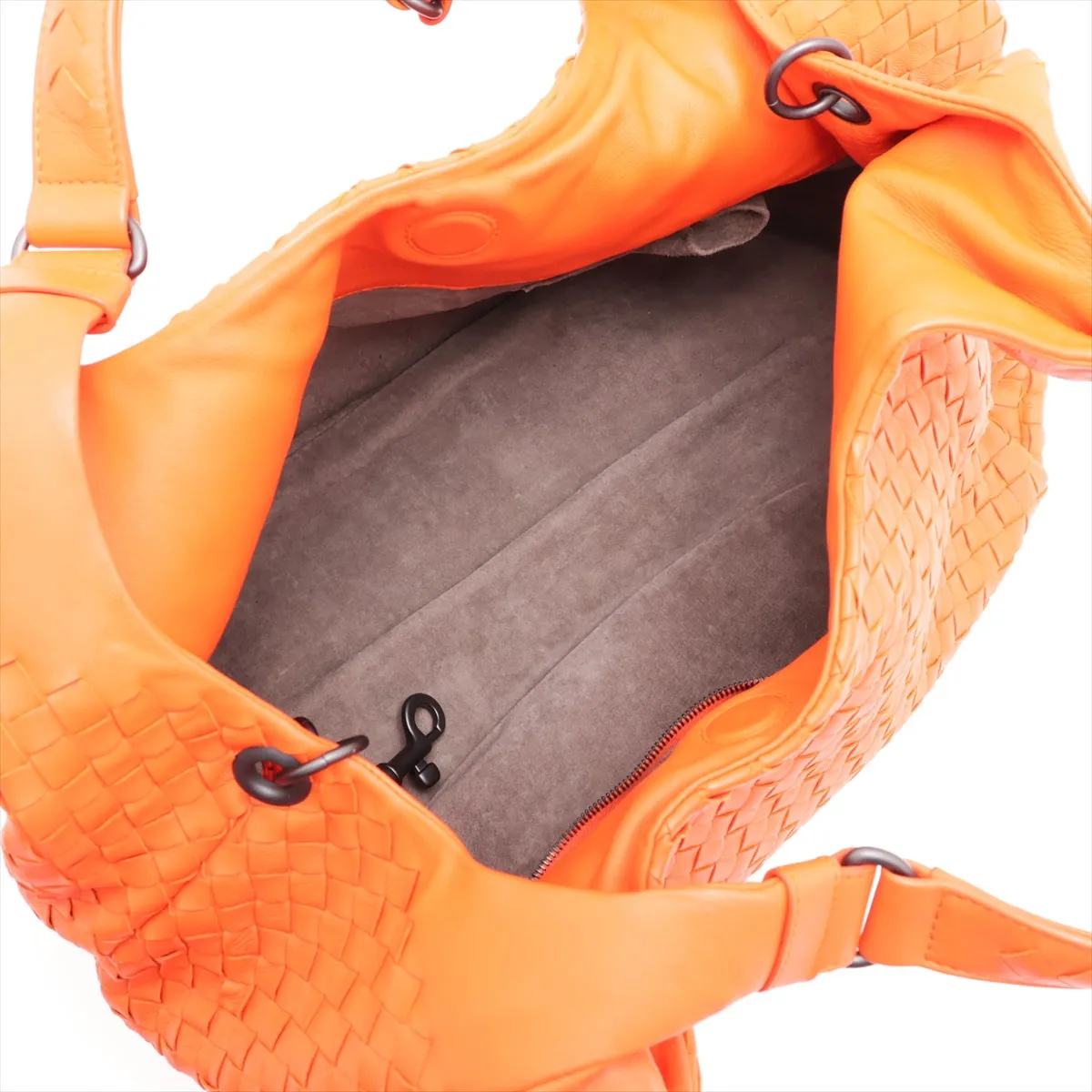 Intrecciato Leather Tote Bag, Orange, with Mirror — view 7
