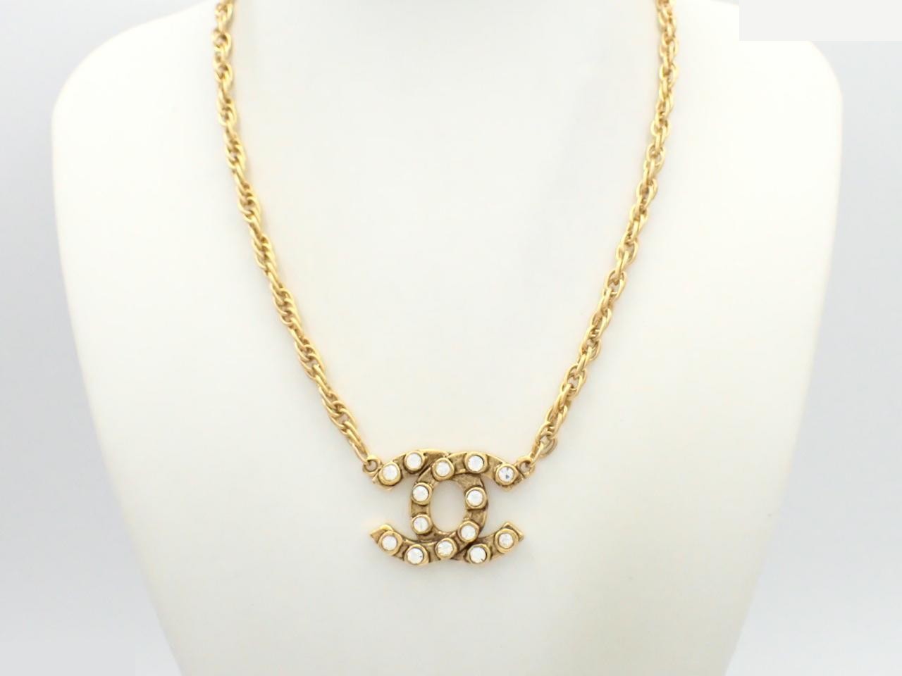 Coco Mark Rhinestone Necklace with Engraved Plate, Gold — view 3