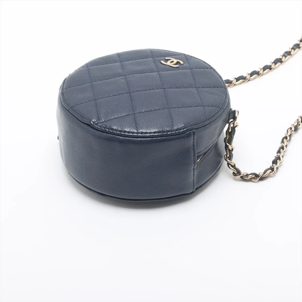 Matelasse caviar skin chain shoulder bag round navy gold hardware 28958081 28th series — view 3