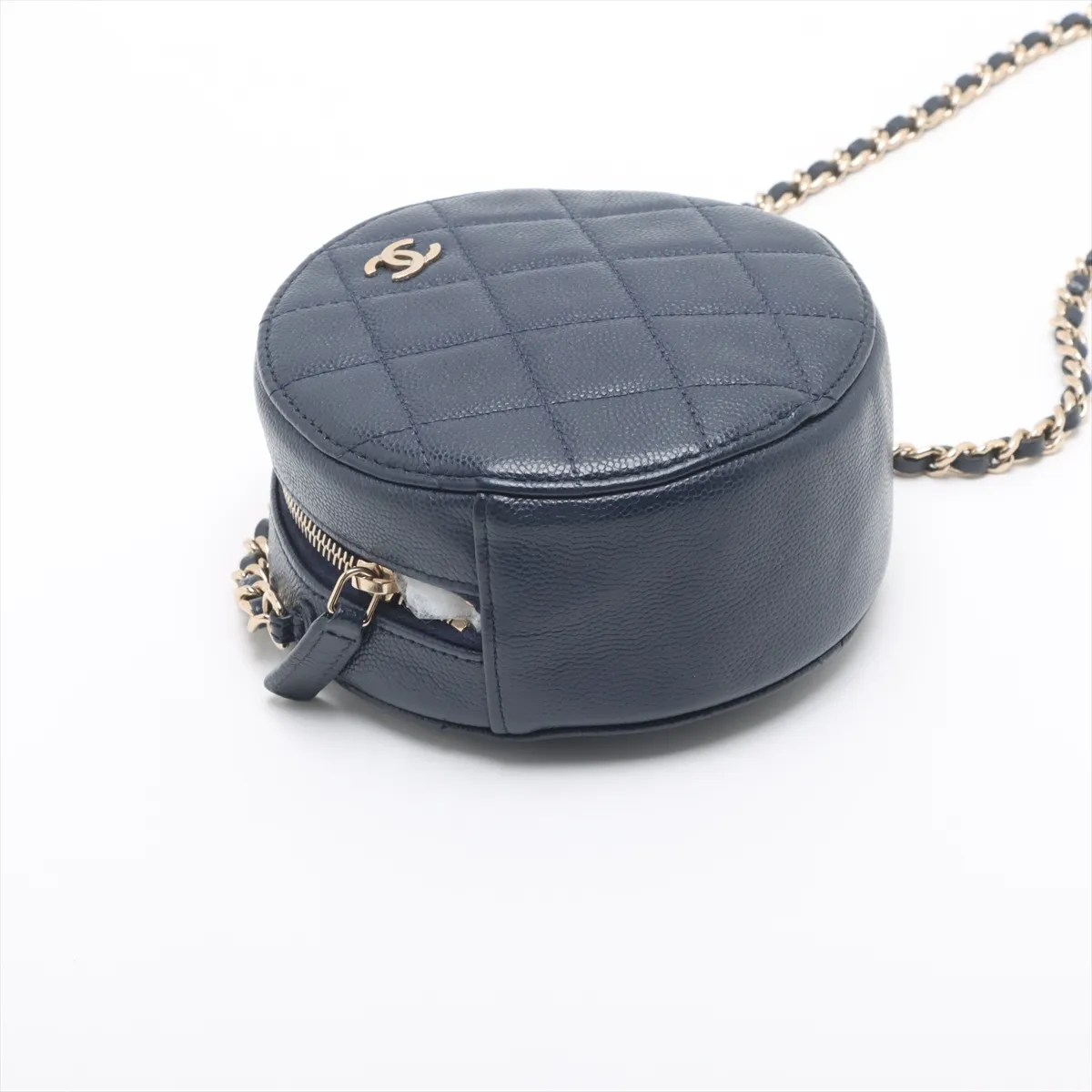 Matelasse caviar skin chain shoulder bag round navy gold hardware 28958081 28th series — view 4