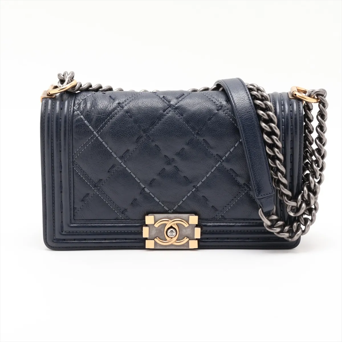 Boy Chanel 25 Leather Chain Shoulder Bag, Blue with Gold Hardware, 20938071, Serial Number in the 20s, A67086