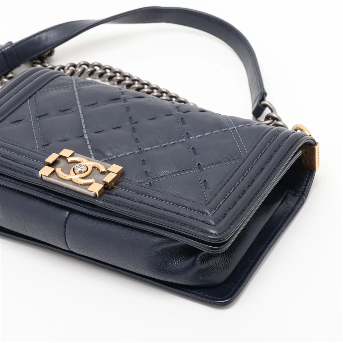 Boy Chanel 25 Leather Chain Shoulder Bag, Blue with Gold Hardware, 20938071, Serial Number in the 20s, A67086 — view 3