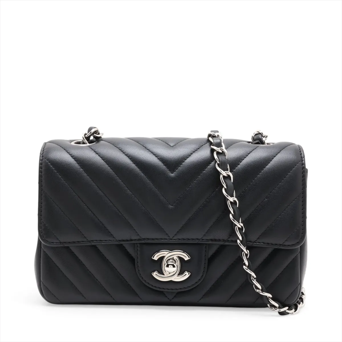 Chevron Lambskin Single Flap Single Chain Bag, V-stitch, Black, Silver Hardware, 30726310 (Serial Number in the 30s)