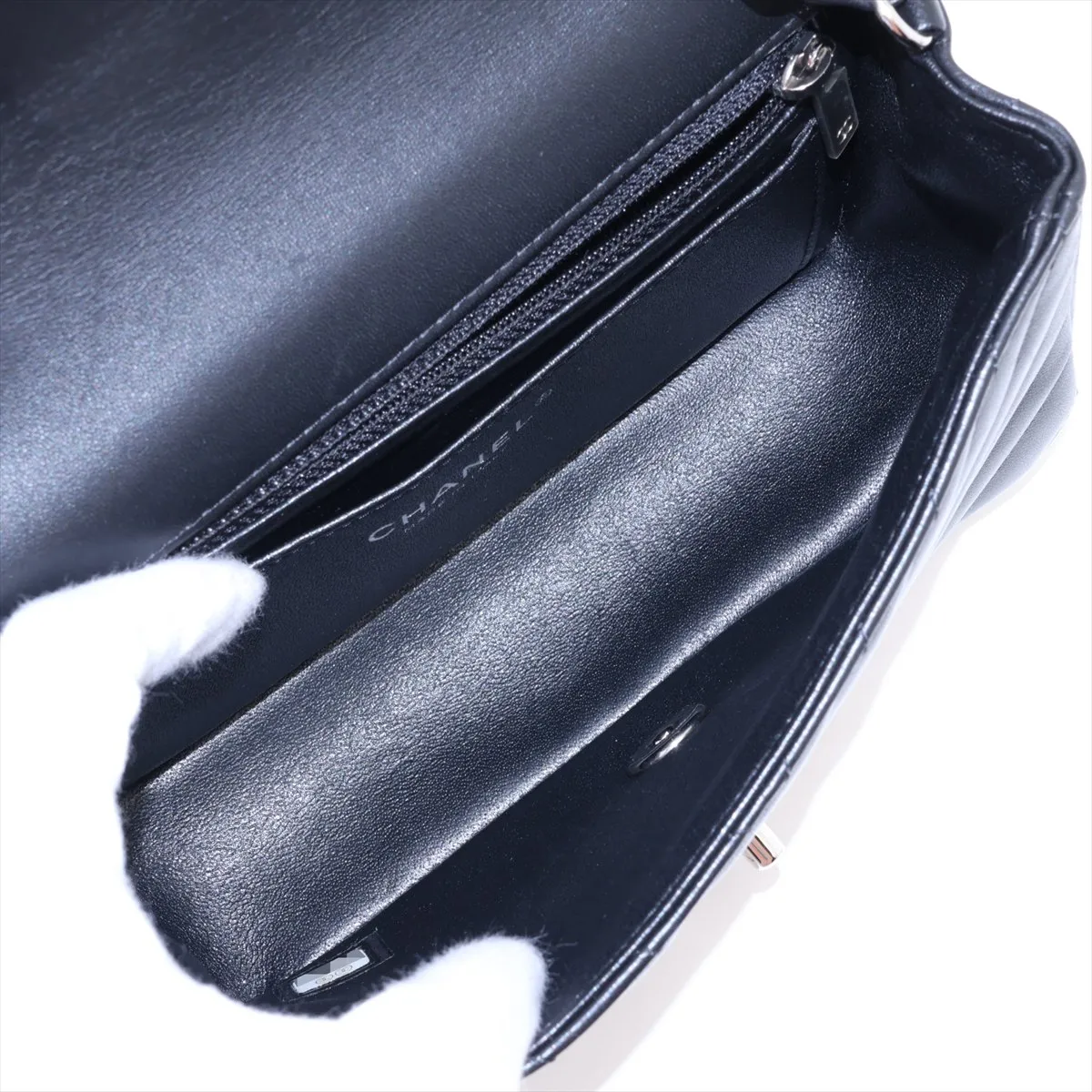 Chevron Lambskin Single Flap Single Chain Bag, V-stitch, Black, Silver Hardware, 30726310 (Serial Number in the 30s) — view 6
