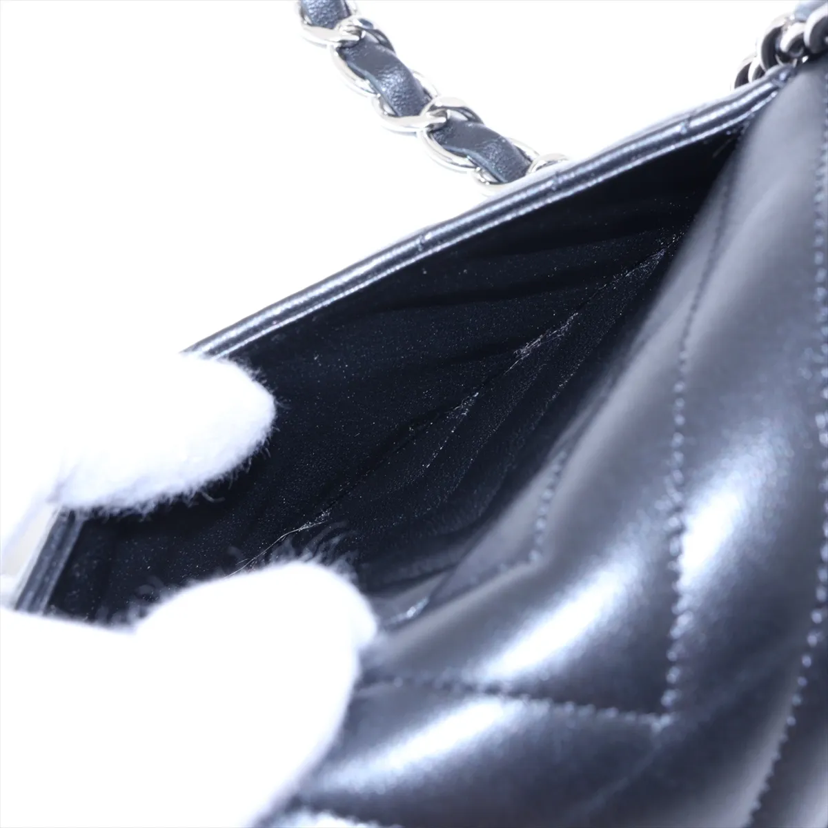 Chevron Lambskin Single Flap Single Chain Bag, V-stitch, Black, Silver Hardware, 30726310 (Serial Number in the 30s) — view 9