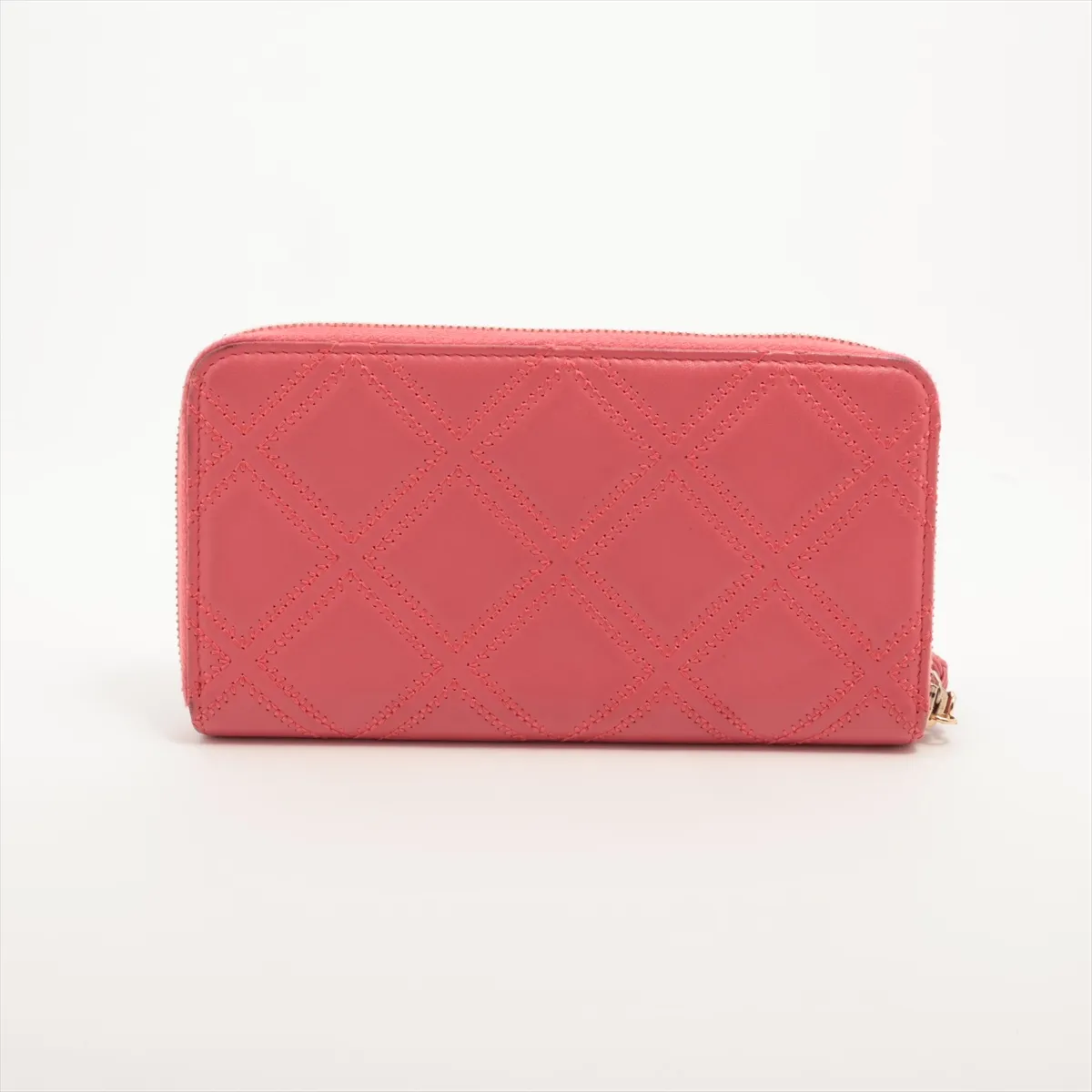 Matelassé Leather Round Zip Wallet, Pink with Gold Hardware, 24313237 — view 2