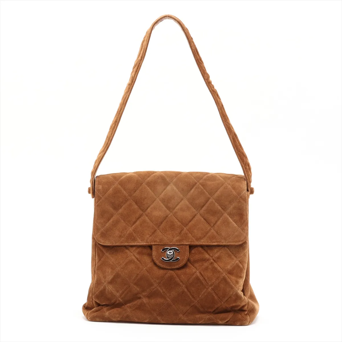 Matelassé Suede Shoulder Bag, Double-faced, Brown, Silver Hardware, 4468612, Series 4