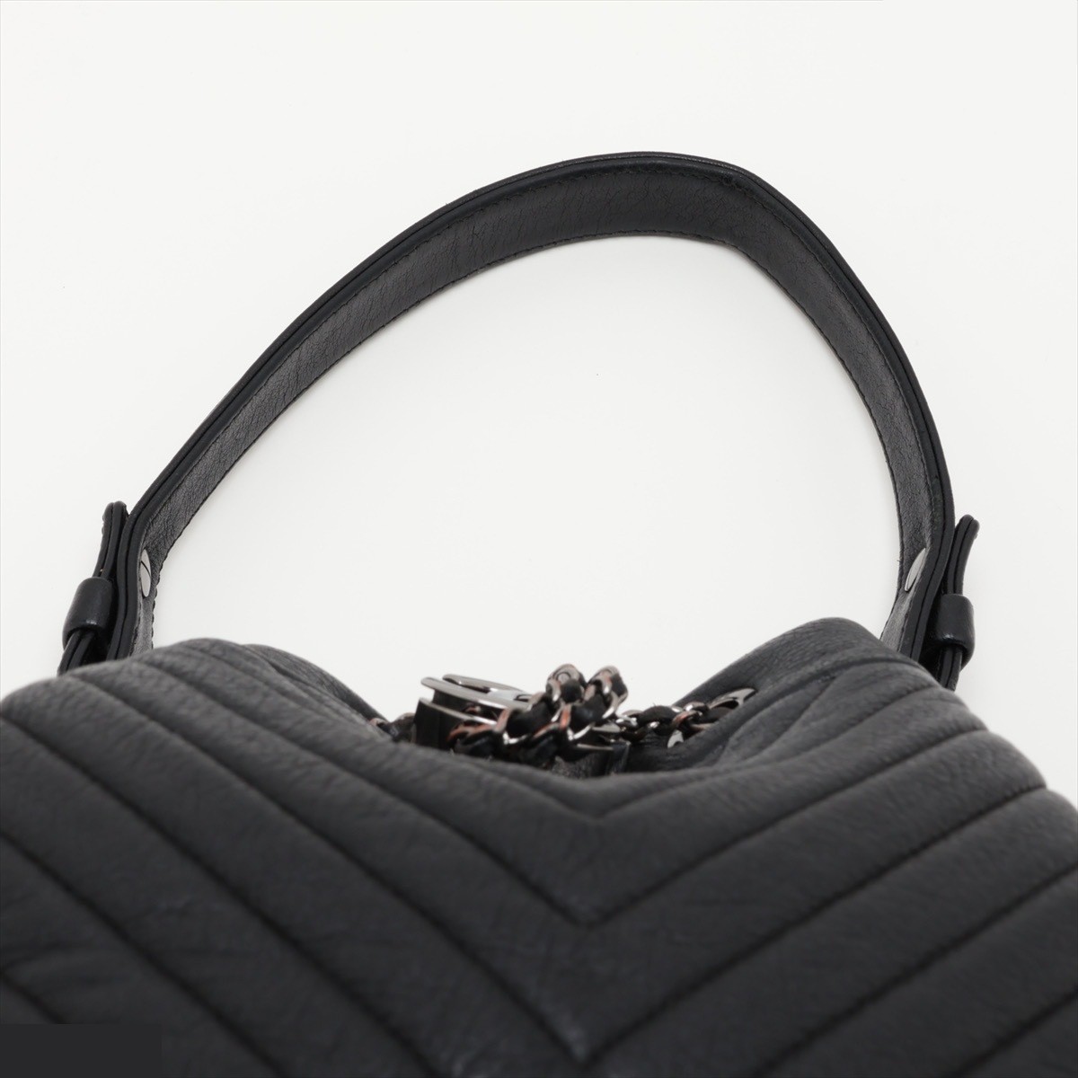 Chevron Leather 2-Way Shoulder Bag, Drawstring, Black, Silver Hardware — view 6