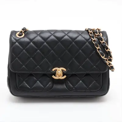 [Individually packaged] Chanel Matelassé Lambskin Single Flap Double Chain Bag, Black with Gold Hardware, PJ96XCAH, Random Plate, AS4459