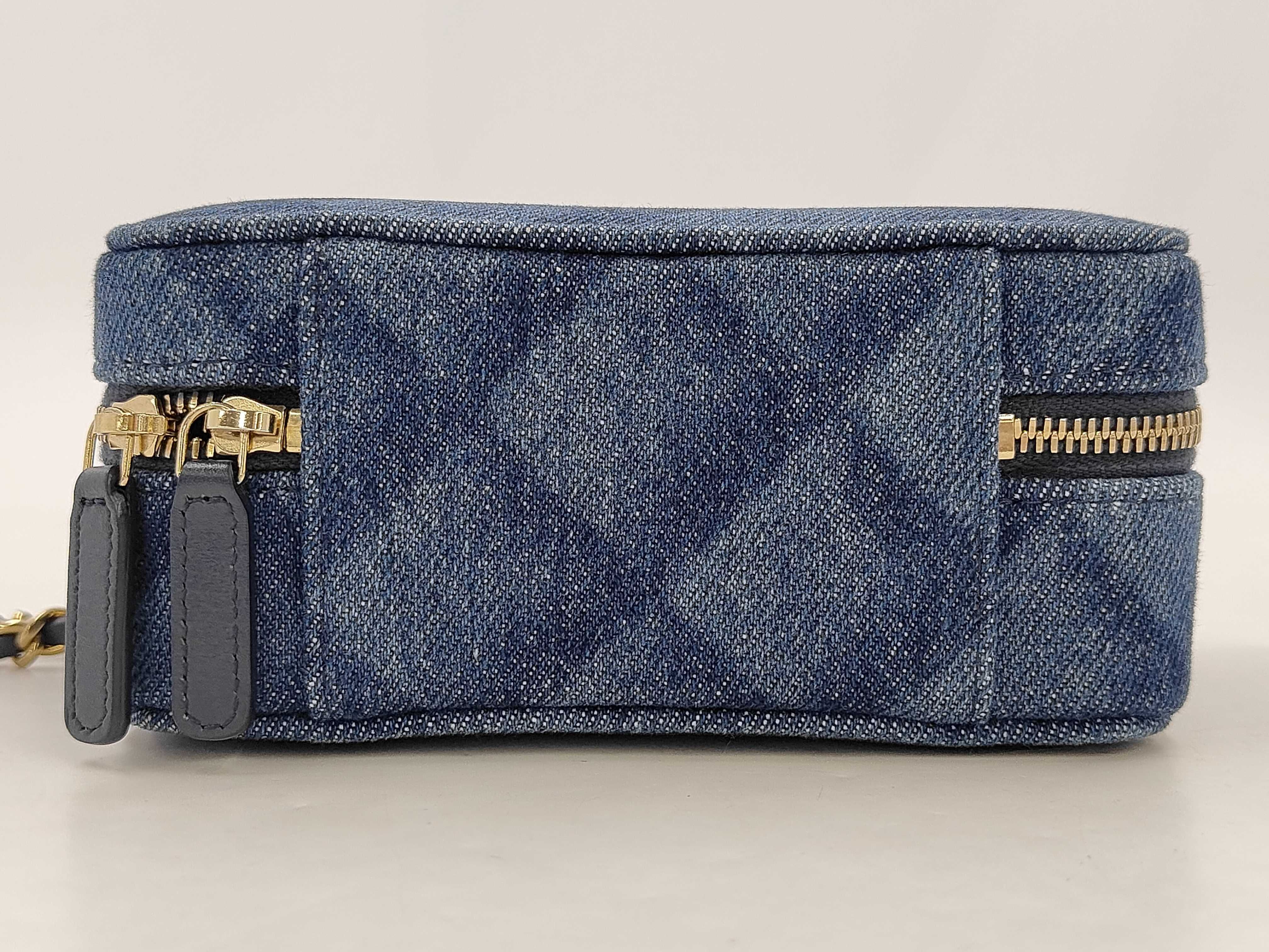 Blue Quilted Denim Gold Ball Vanity Case Shoulder Bag — view 7