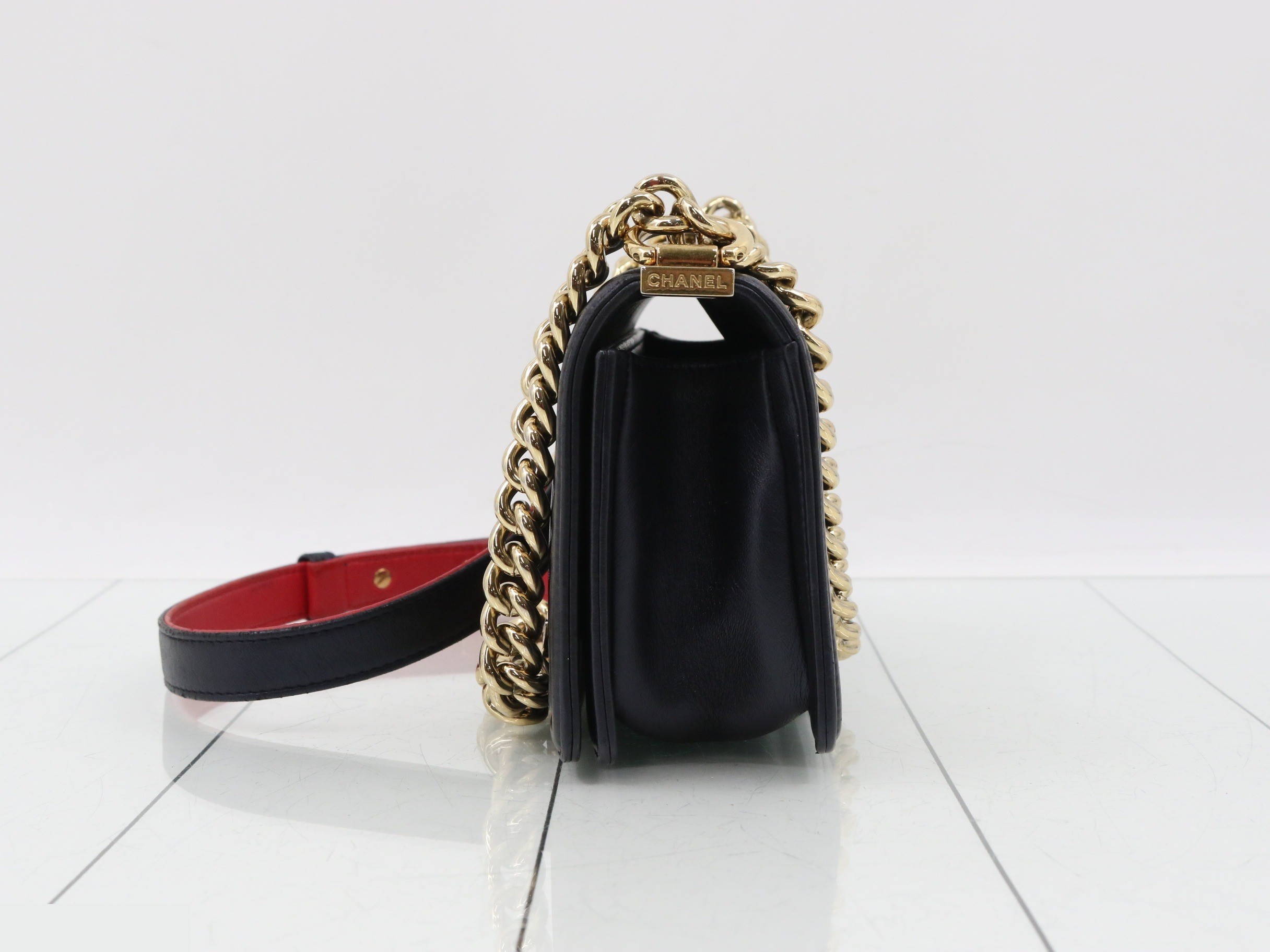 Lambskin Shoulder Bag, Boy Chanel Small Handbag, Navy — view 3